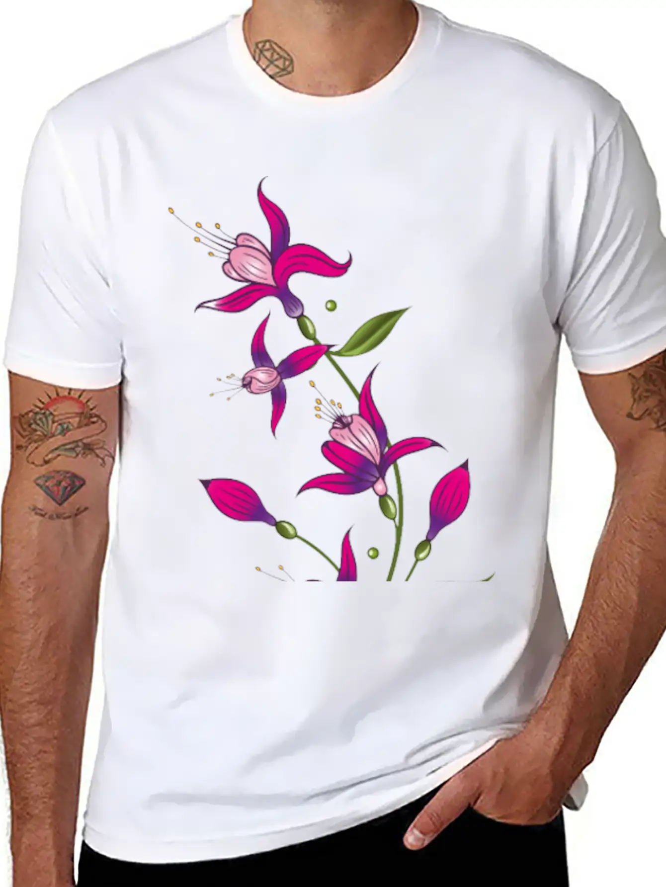 Summer Flowers, Fuchsias. Purple, Pink. Basic Graphic T-Shirt – Daily Comfort In Soft Cotton