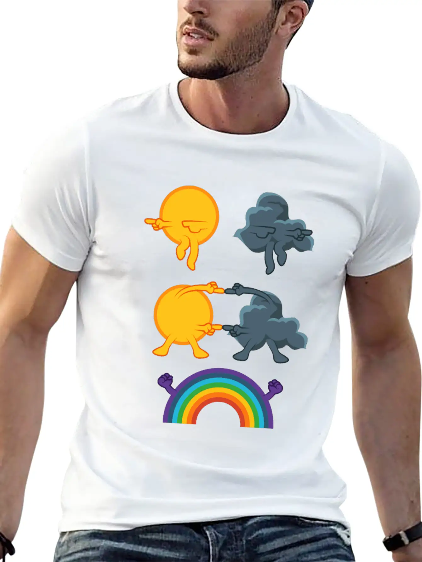 Sun Rain Clouds Rainbow Basic Graphic T-Shirt – Daily Comfort In Soft Cotton