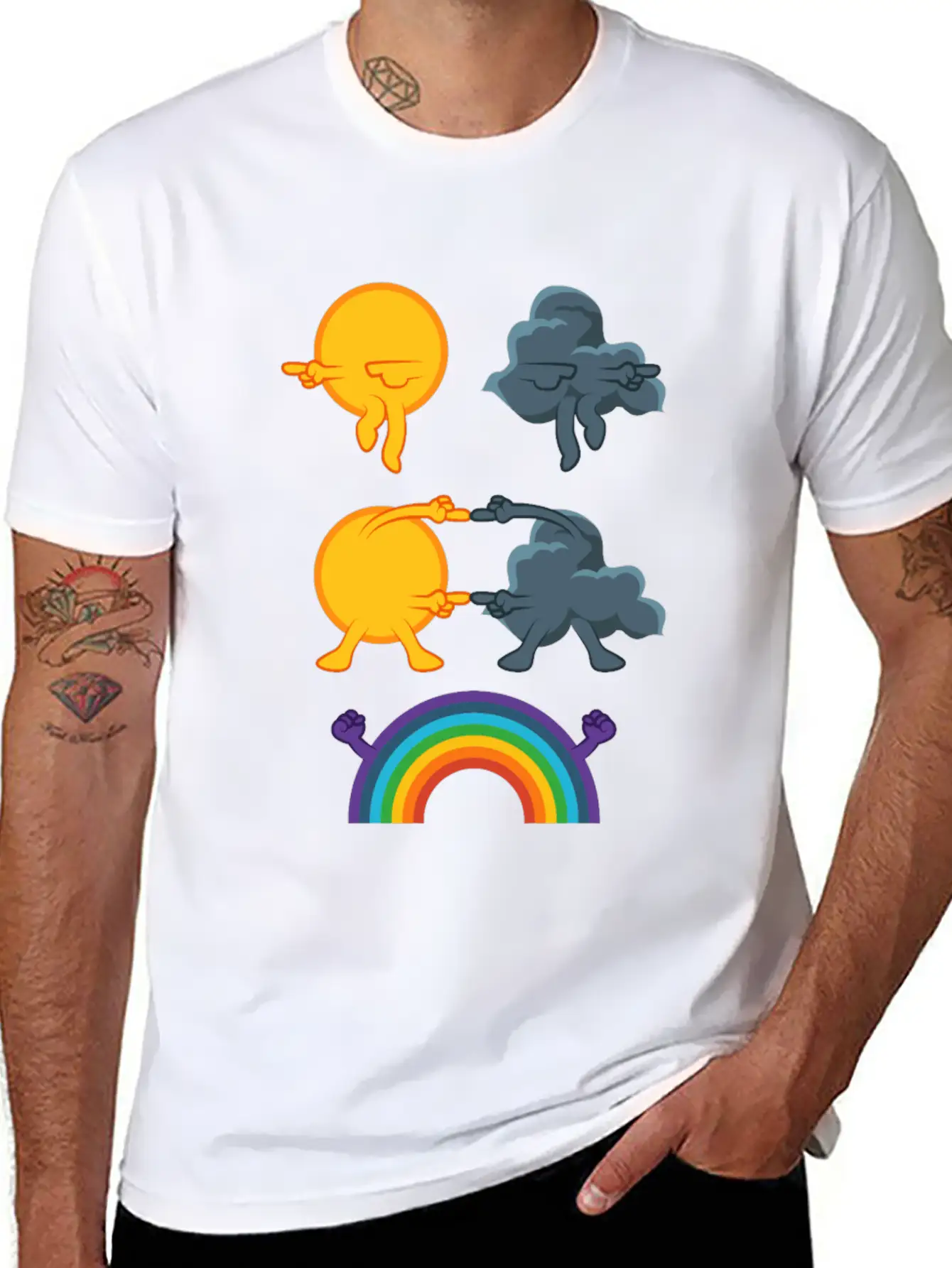 Sun Rain Clouds Rainbow Basic Graphic T-Shirt – Daily Comfort In Soft Cotton