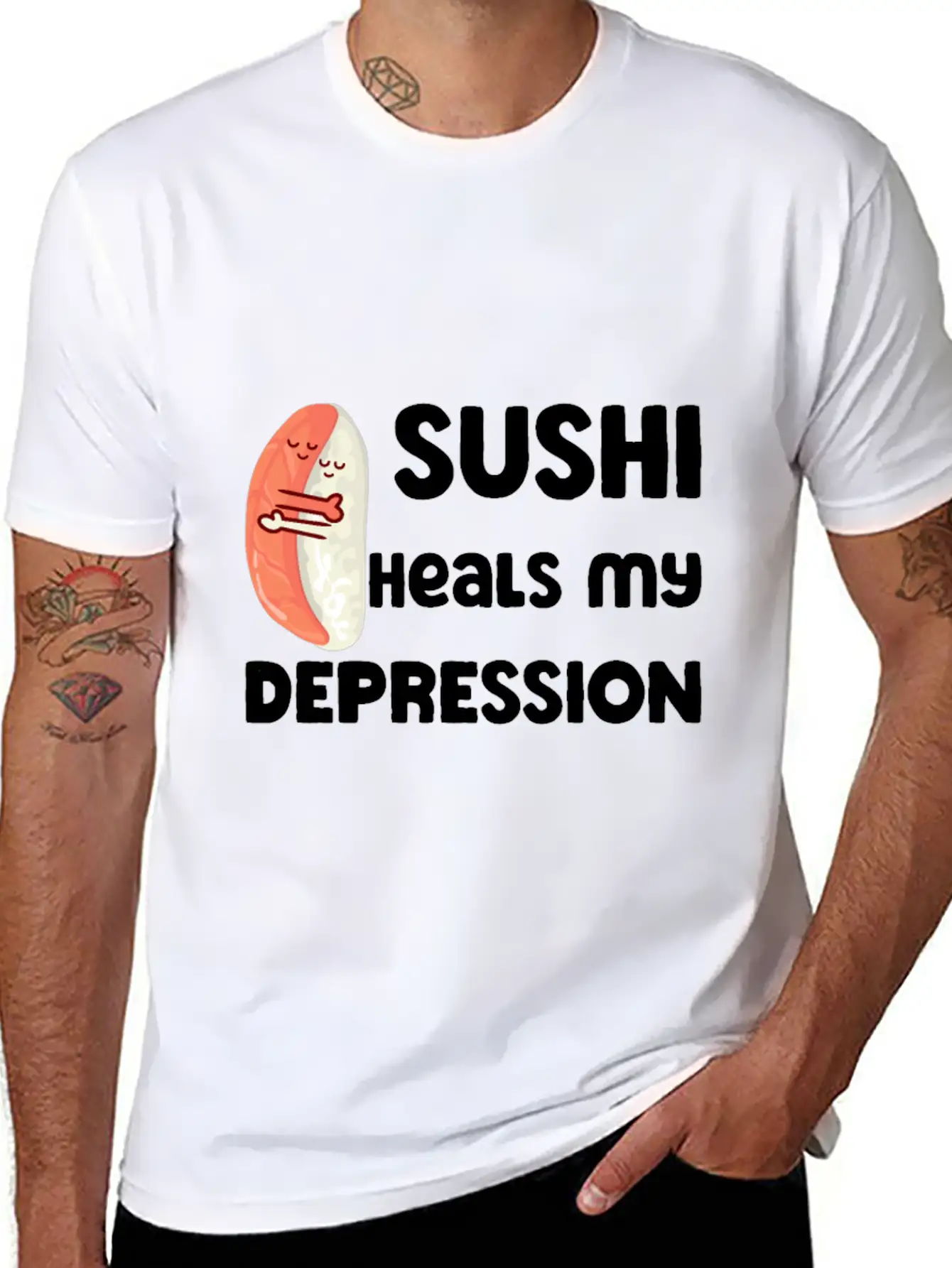 Sushi Heals My Depression Funny Quote Basic Graphic T-Shirt – Daily Comfort In Soft Cotton