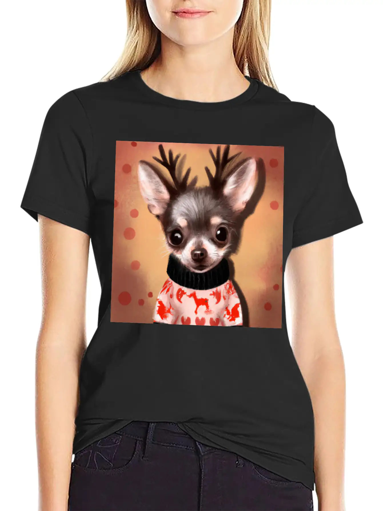 Sweet Happy, Dog Chihuahua In A Christmas Sweater Basic Graphic T-Shirt – Daily Comfort In Soft Cotton