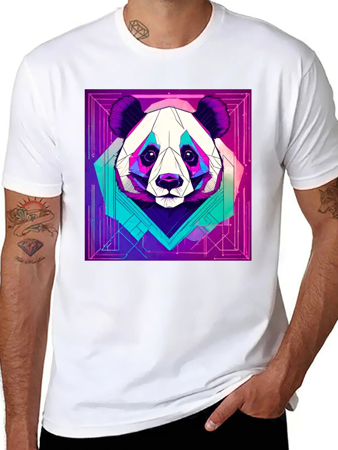 Synthwave Neon Geo Panda Essential Cotton Tee For Daily Outfits – Unisex Style