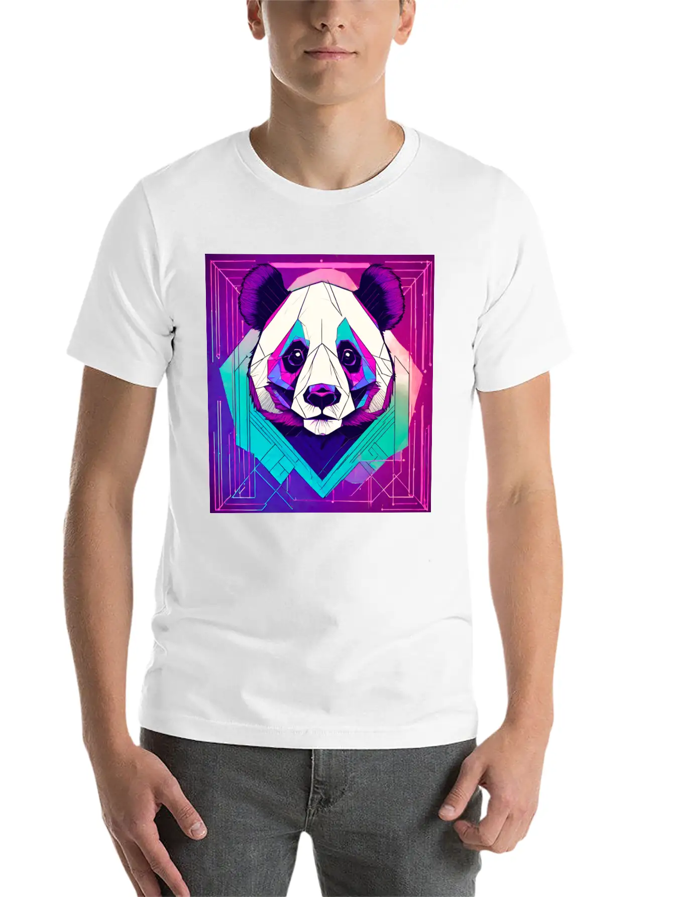 Synthwave Neon Geo Panda Essential Cotton Tee For Daily Outfits – Unisex Style