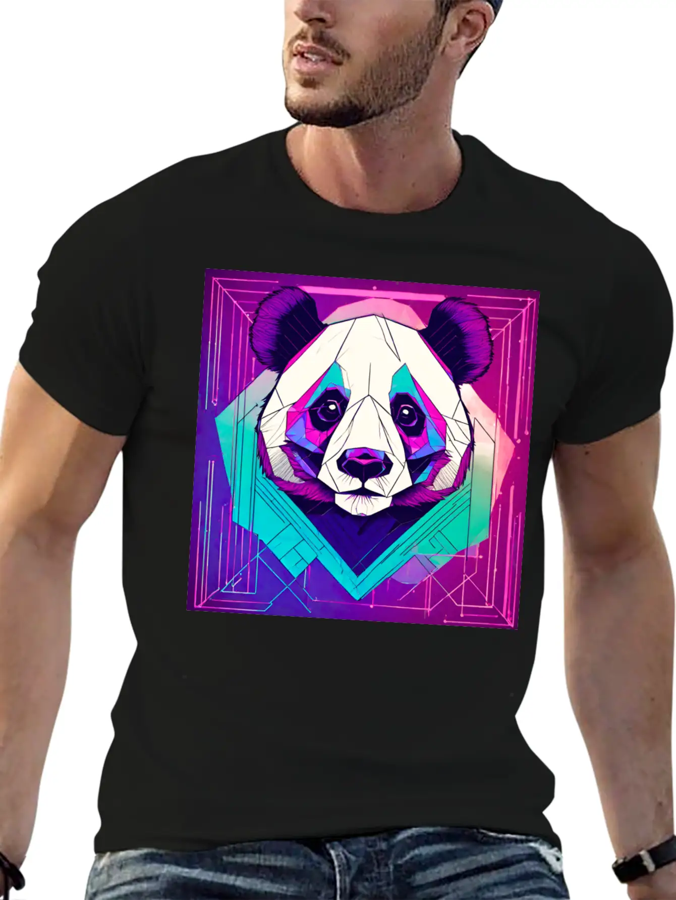 Synthwave Neon Geo Panda Essential Cotton Tee For Daily Outfits – Unisex Style