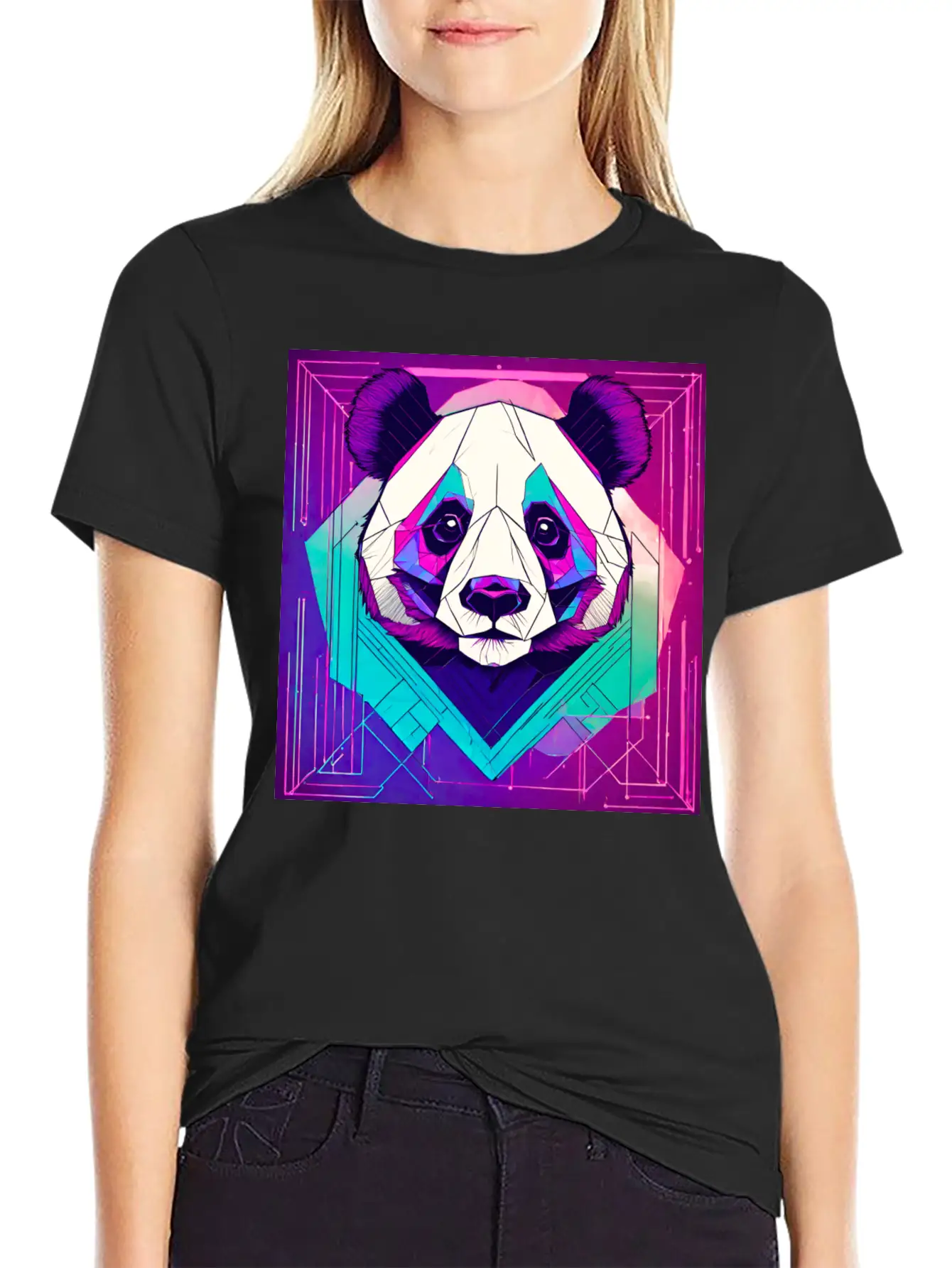 Synthwave Neon Geo Panda Essential Cotton Tee For Daily Outfits – Unisex Style
