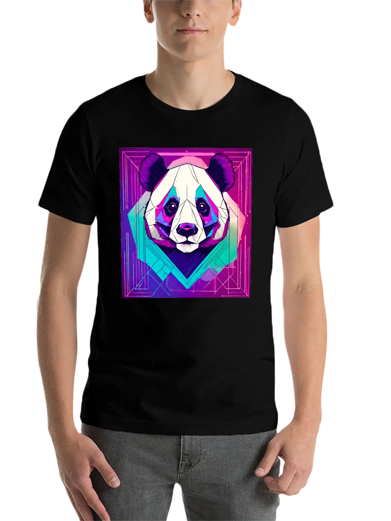 Synthwave Neon Geo Panda Essential Cotton Tee For Daily Outfits – Unisex Style