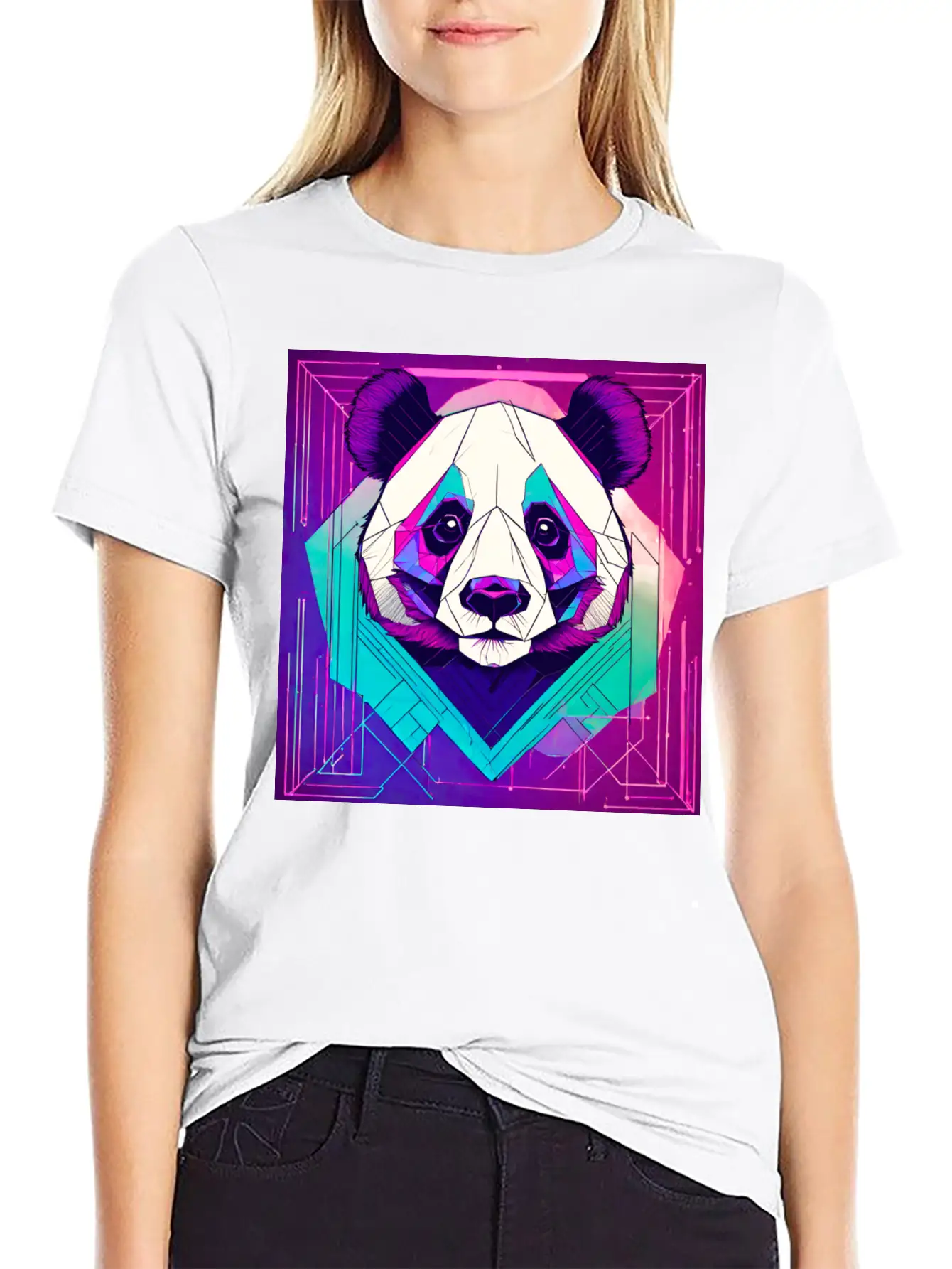 Synthwave Neon Geo Panda Essential Cotton Tee For Daily Outfits – Unisex Style