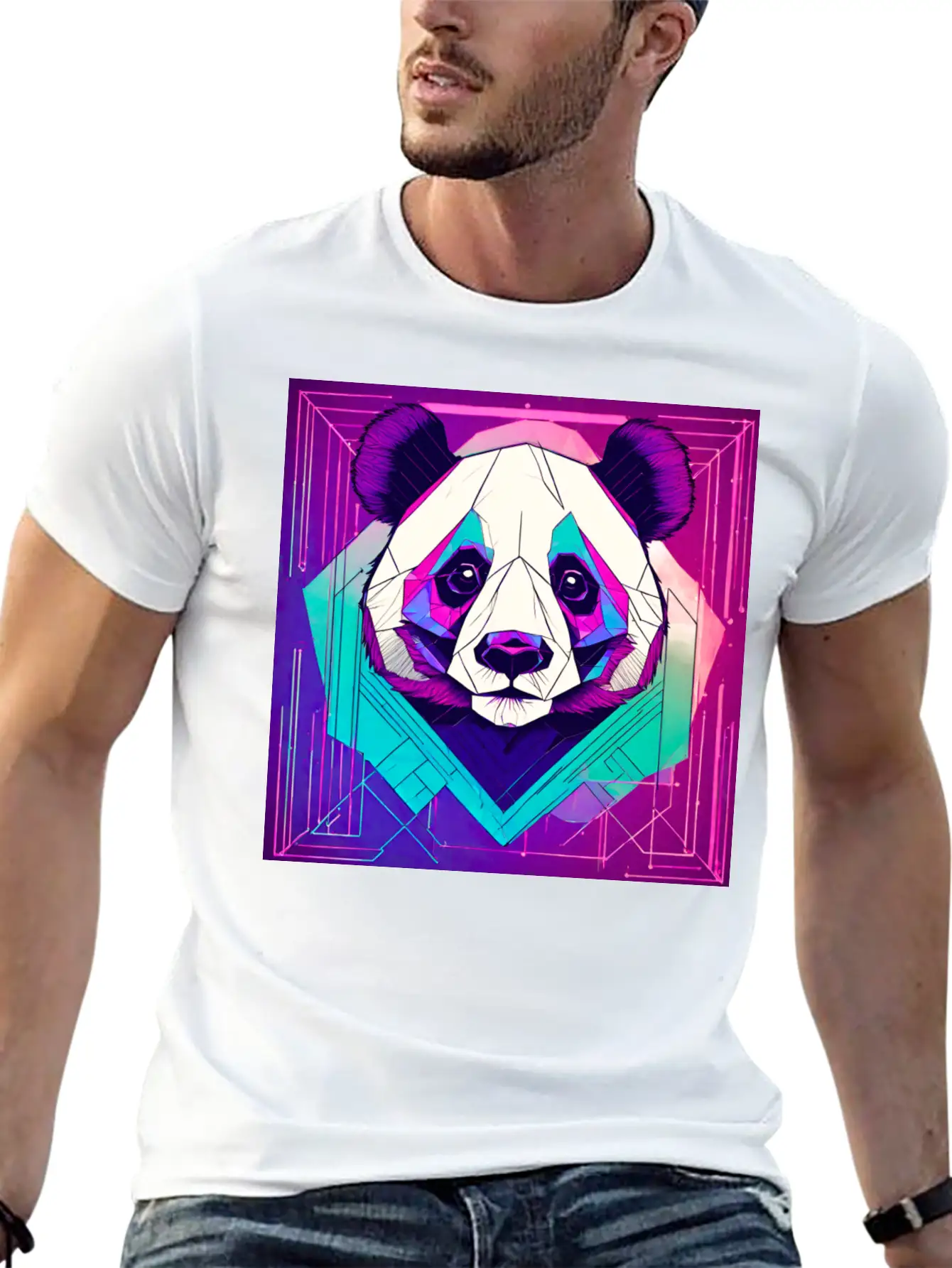 Synthwave Neon Geo Panda Essential Cotton Tee For Daily Outfits – Unisex Style