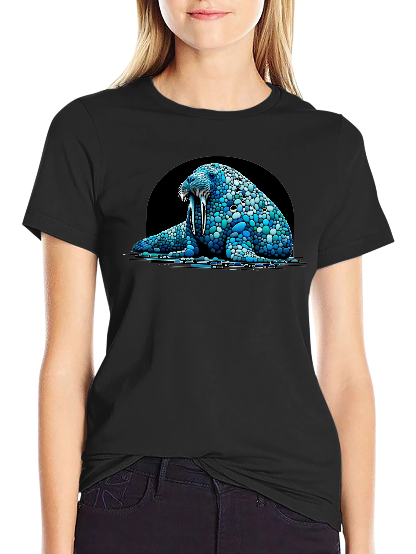 Walrus Pebble Art Black T-Shirt - Unique Design