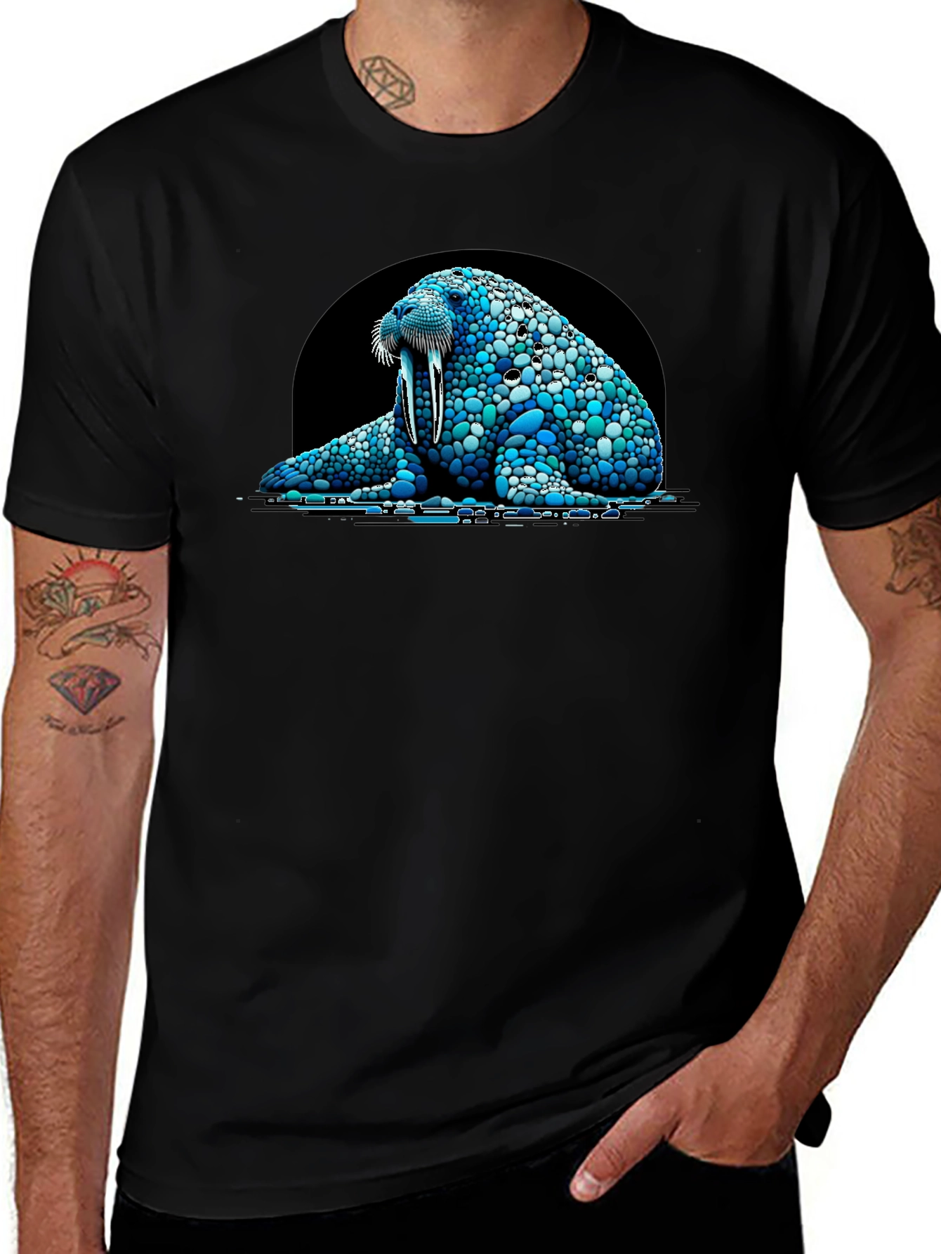Walrus Pebble Art Black T-Shirt - Unique Design