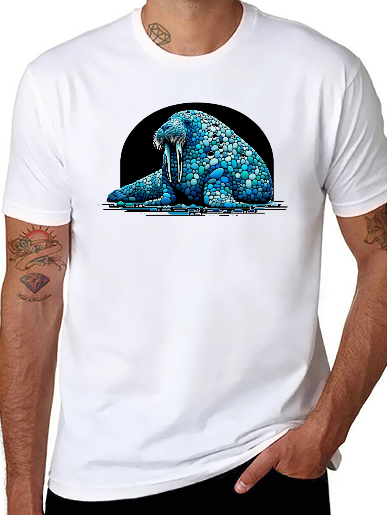 Walrus Pebble Art Black T-Shirt - Unique Design