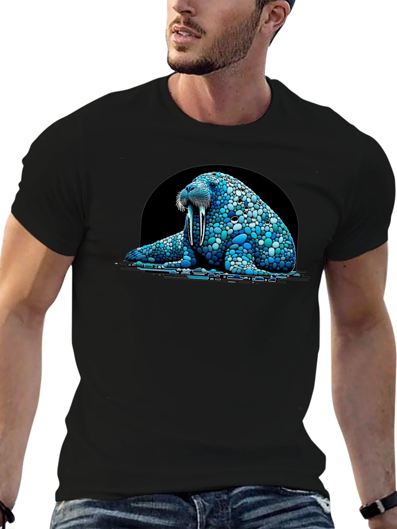 Walrus Pebble Art Black T-Shirt - Unique Design
