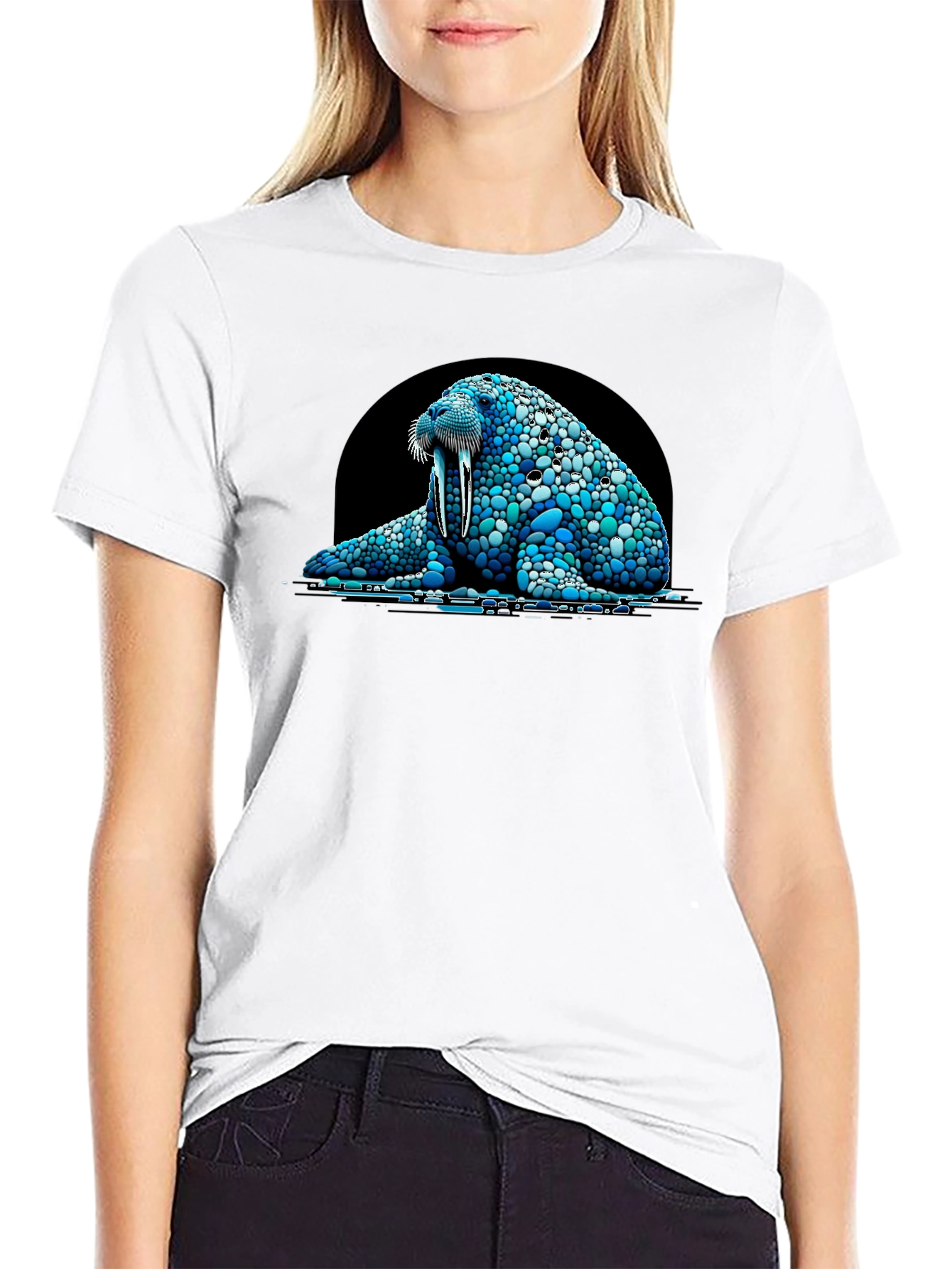 Walrus Pebble Art Black T-Shirt - Unique Design