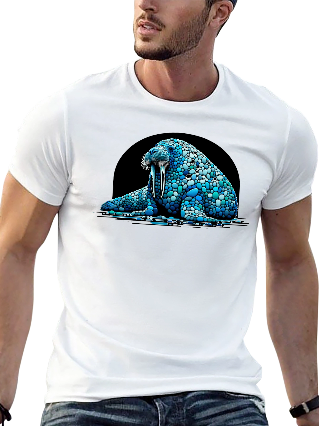 Walrus Pebble Art Black T-Shirt - Unique Design