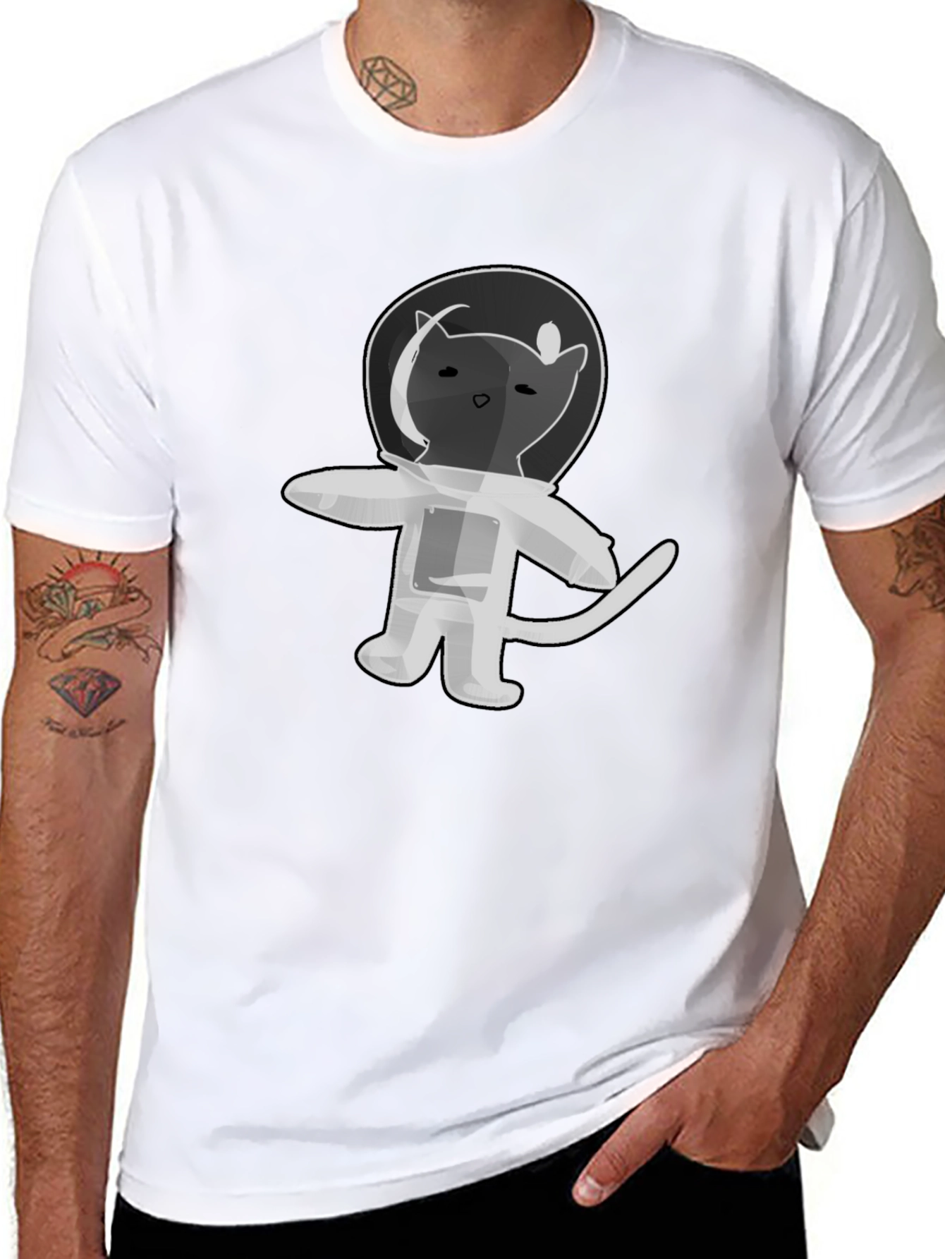 Astronaut Cat T-Shirt - Black Cotton Graphic Tee