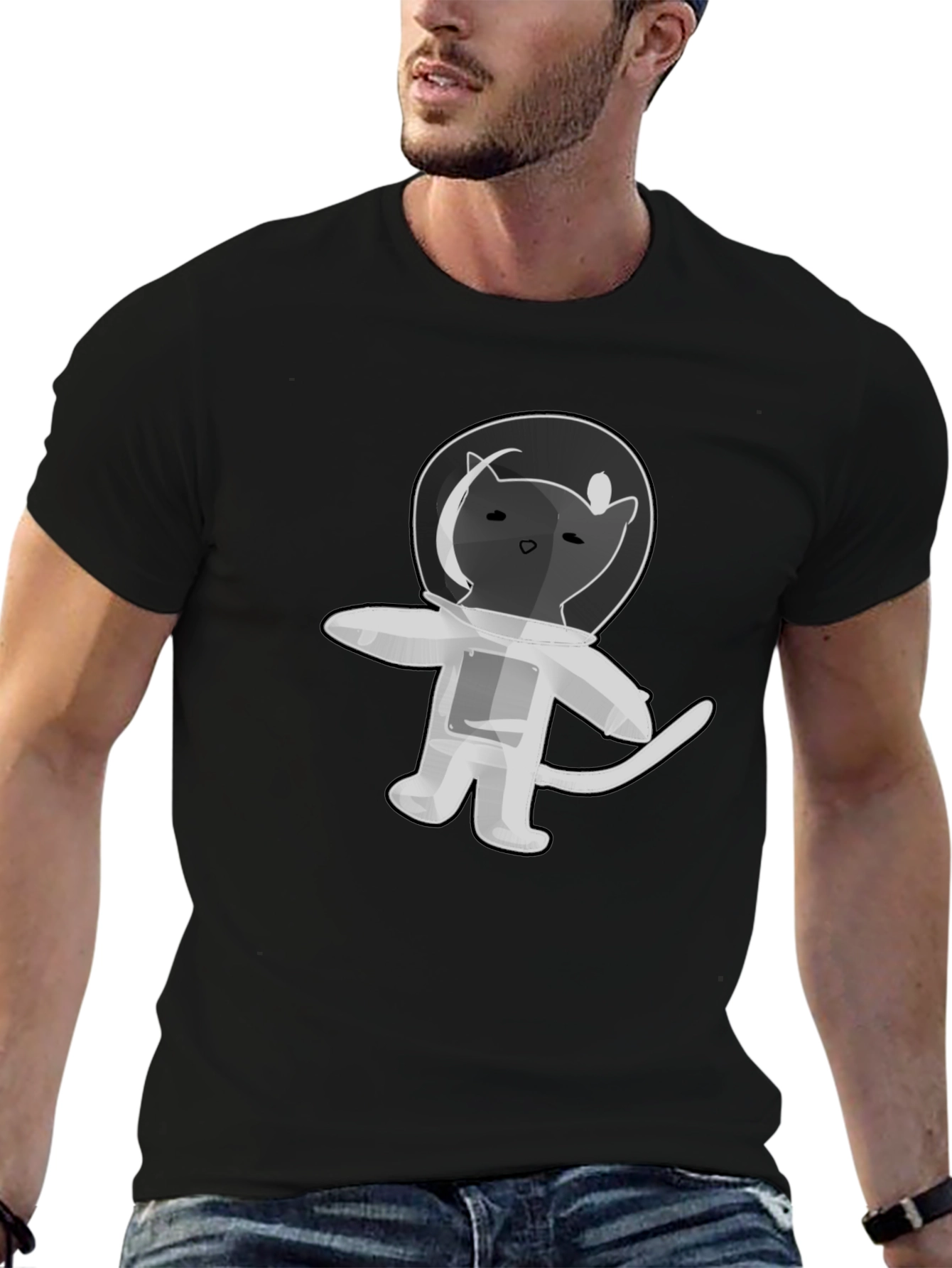Astronaut Cat T-Shirt - Black Cotton Graphic Tee