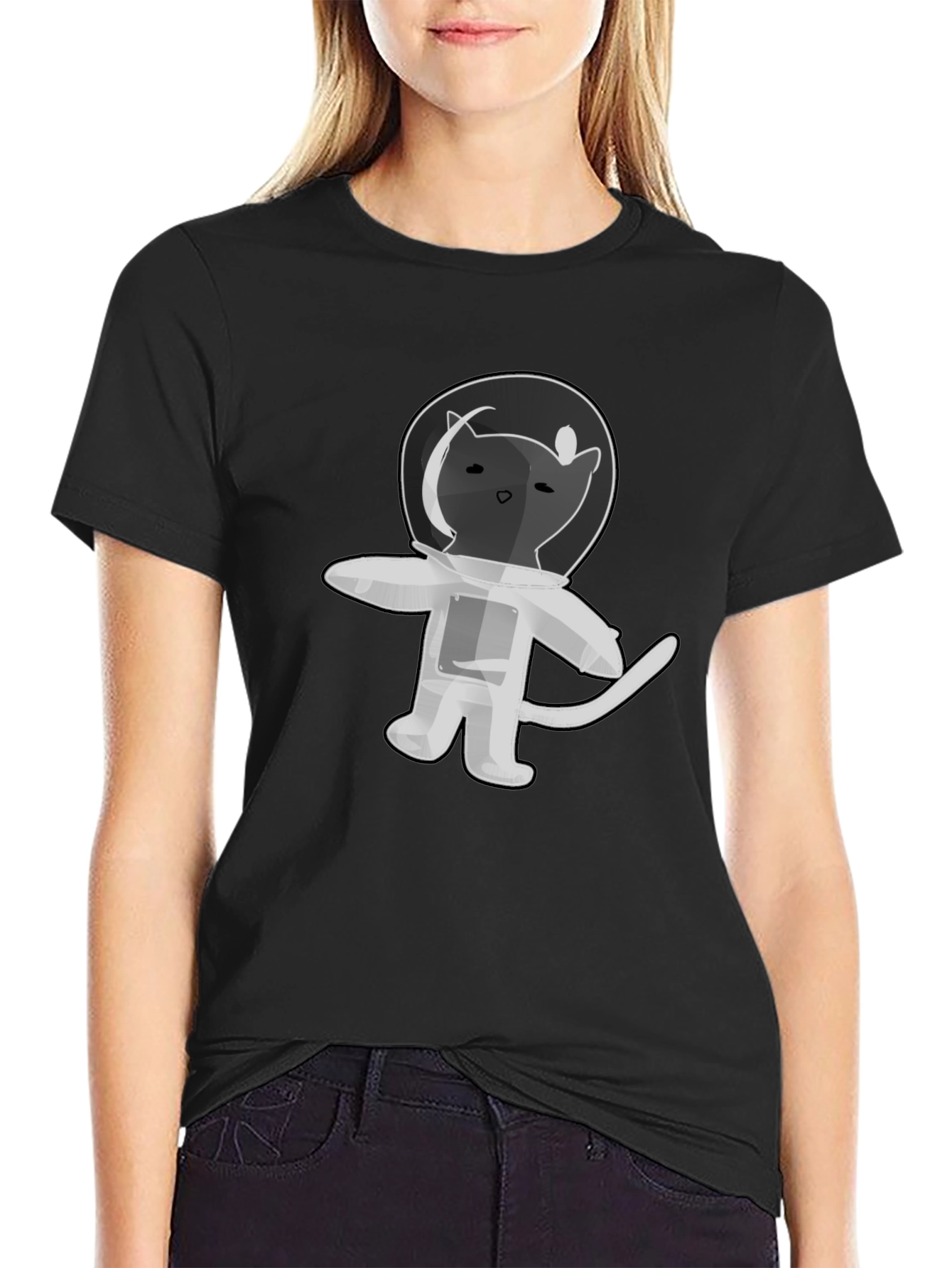 Astronaut Cat T-Shirt - Black Cotton Graphic Tee