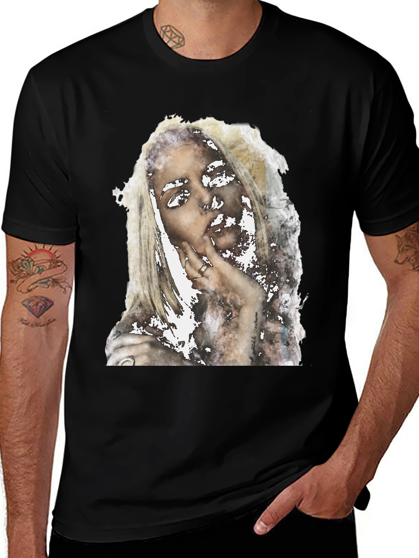 Abstract Woman Print Black Tee - Modern Casual Shirt