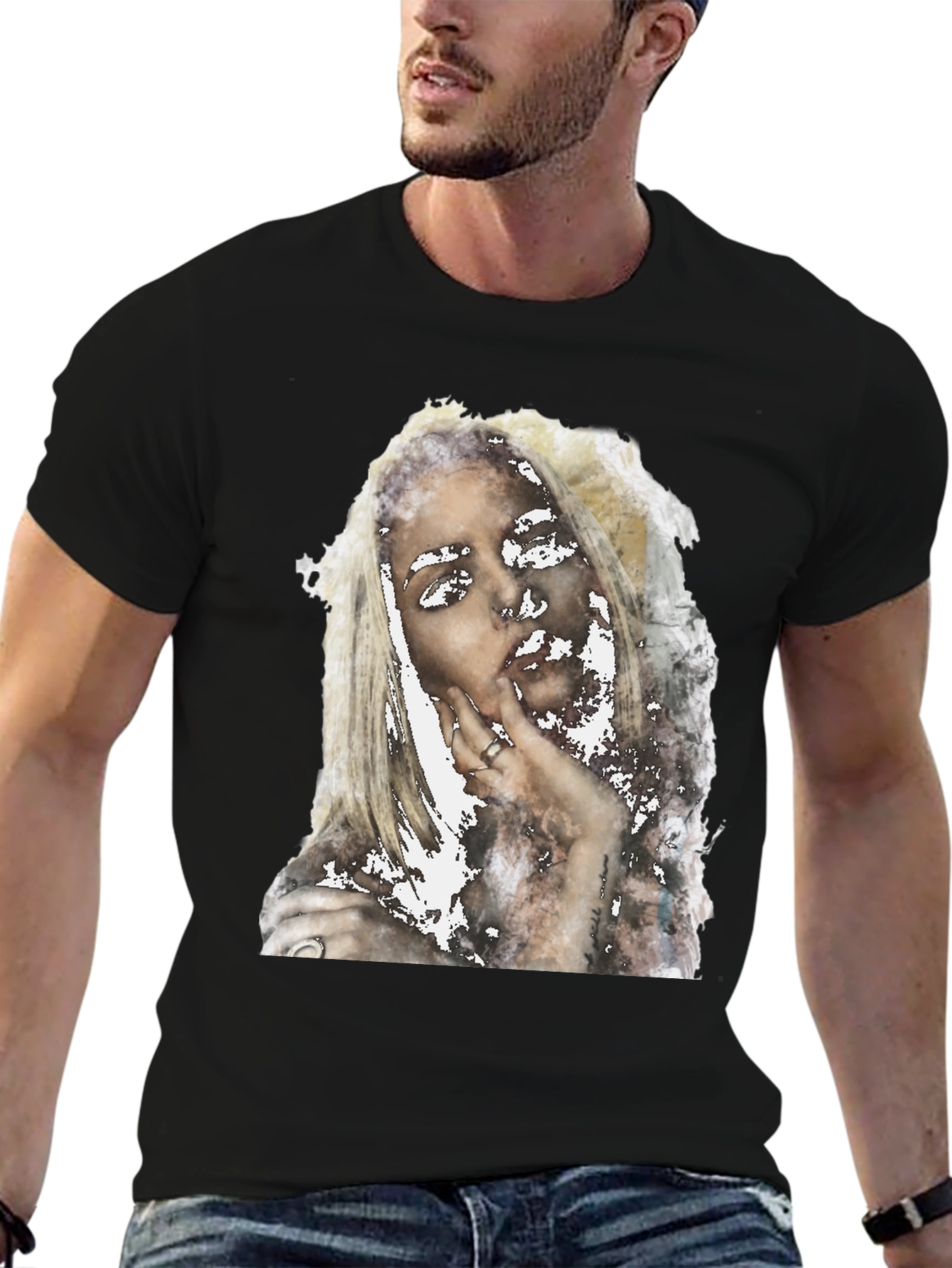 Abstract Woman Print Black Tee - Modern Casual Shirt