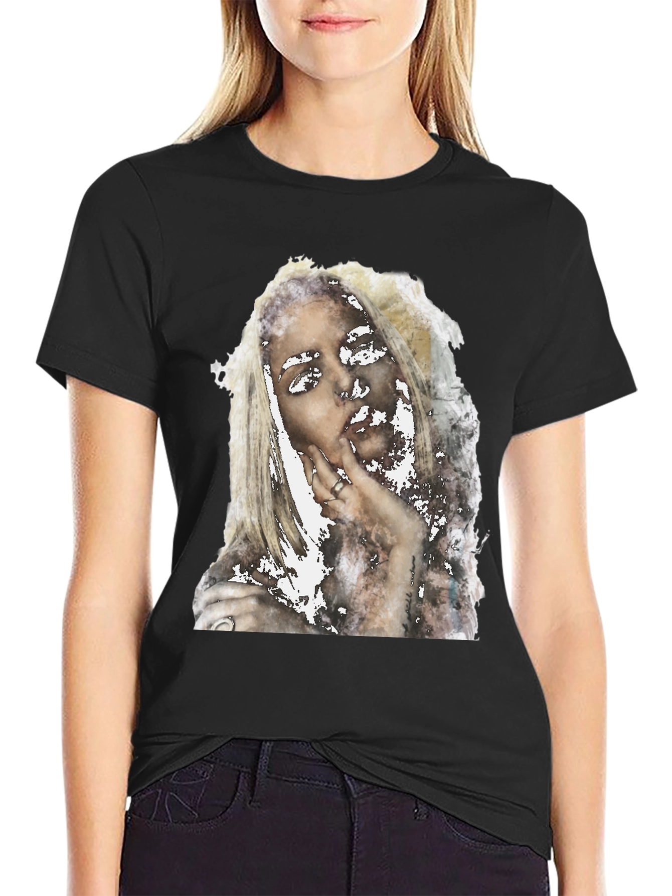 Abstract Woman Print Black Tee - Modern Casual Shirt