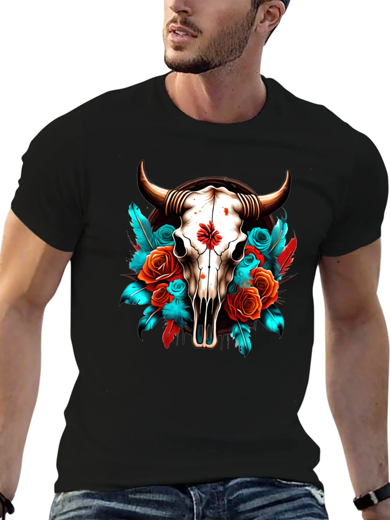Teal Cow Skull Floral Soft Cotton Short Sleeve Tee – Unisex Wardrobe Staple