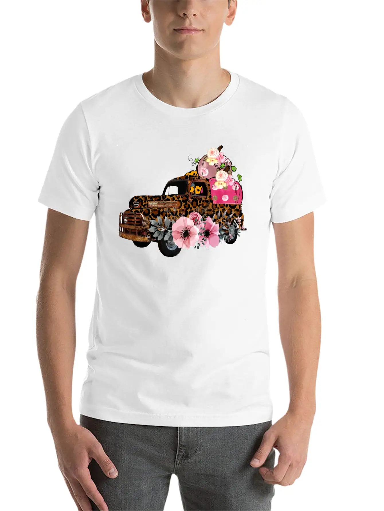 Thanksgiving Fall Leopard Old Truck Pumpkins Soft Cotton Short Sleeve Tee – Unisex Wardrobe Staple