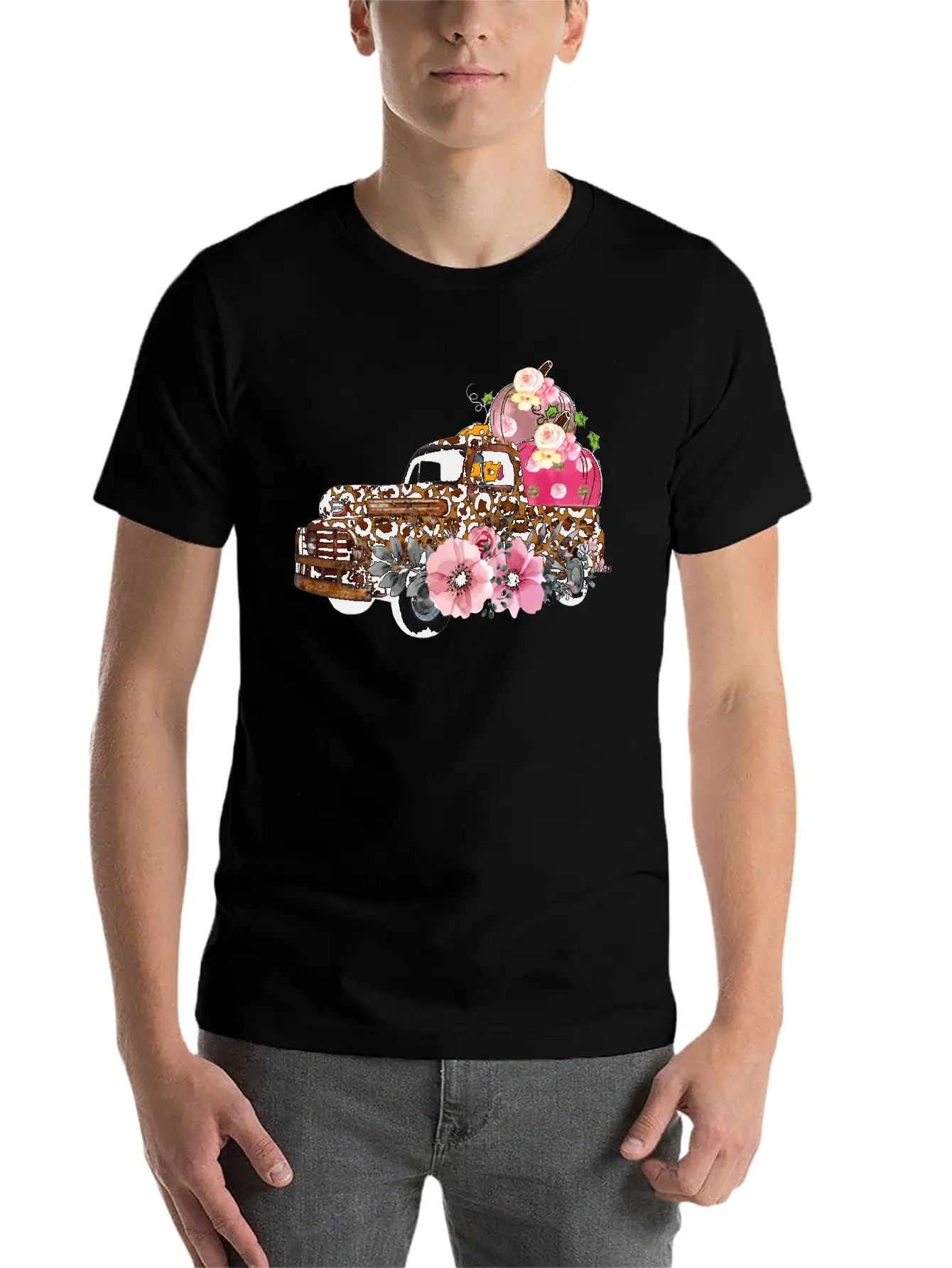Thanksgiving Fall Leopard Old Truck Pumpkins Soft Cotton Short Sleeve Tee – Unisex Wardrobe Staple