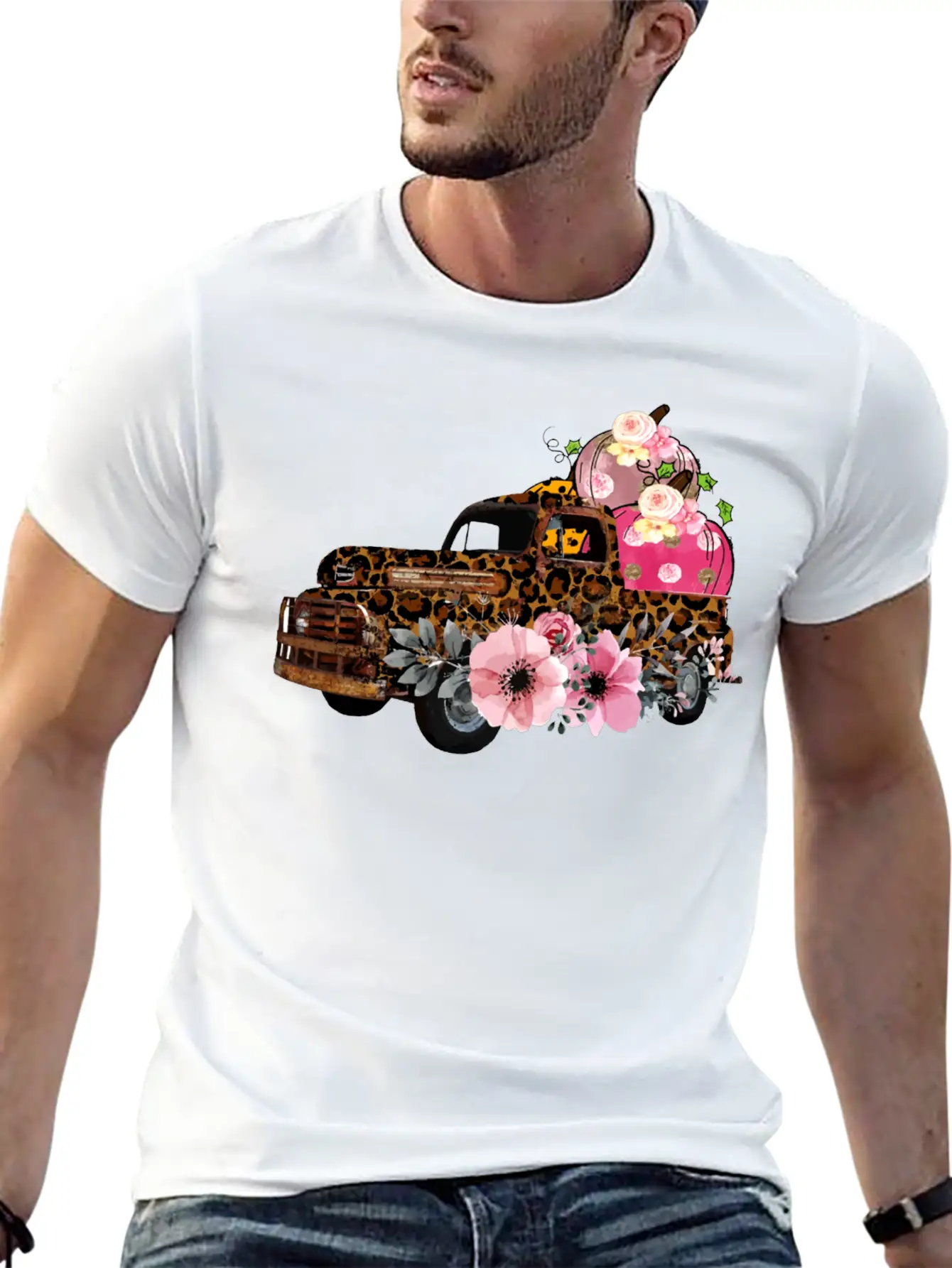 Thanksgiving Fall Leopard Old Truck Pumpkins Soft Cotton Short Sleeve Tee – Unisex Wardrobe Staple