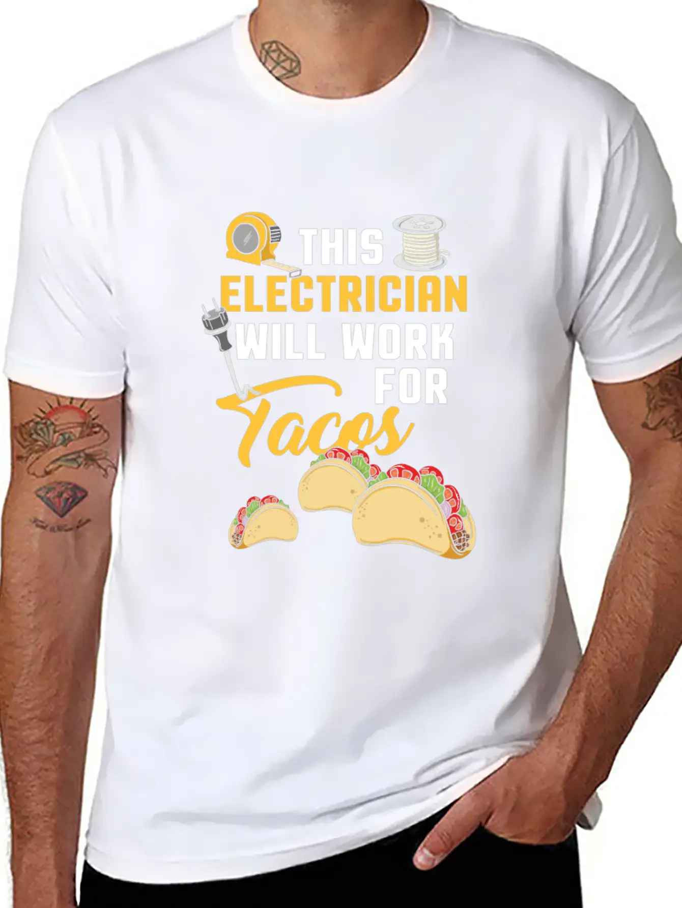 This Electrician Will Work For Tacos! - Gift Classic Fit Graphic Tee For Daily Comfort – Unisex Cotton Shirt
