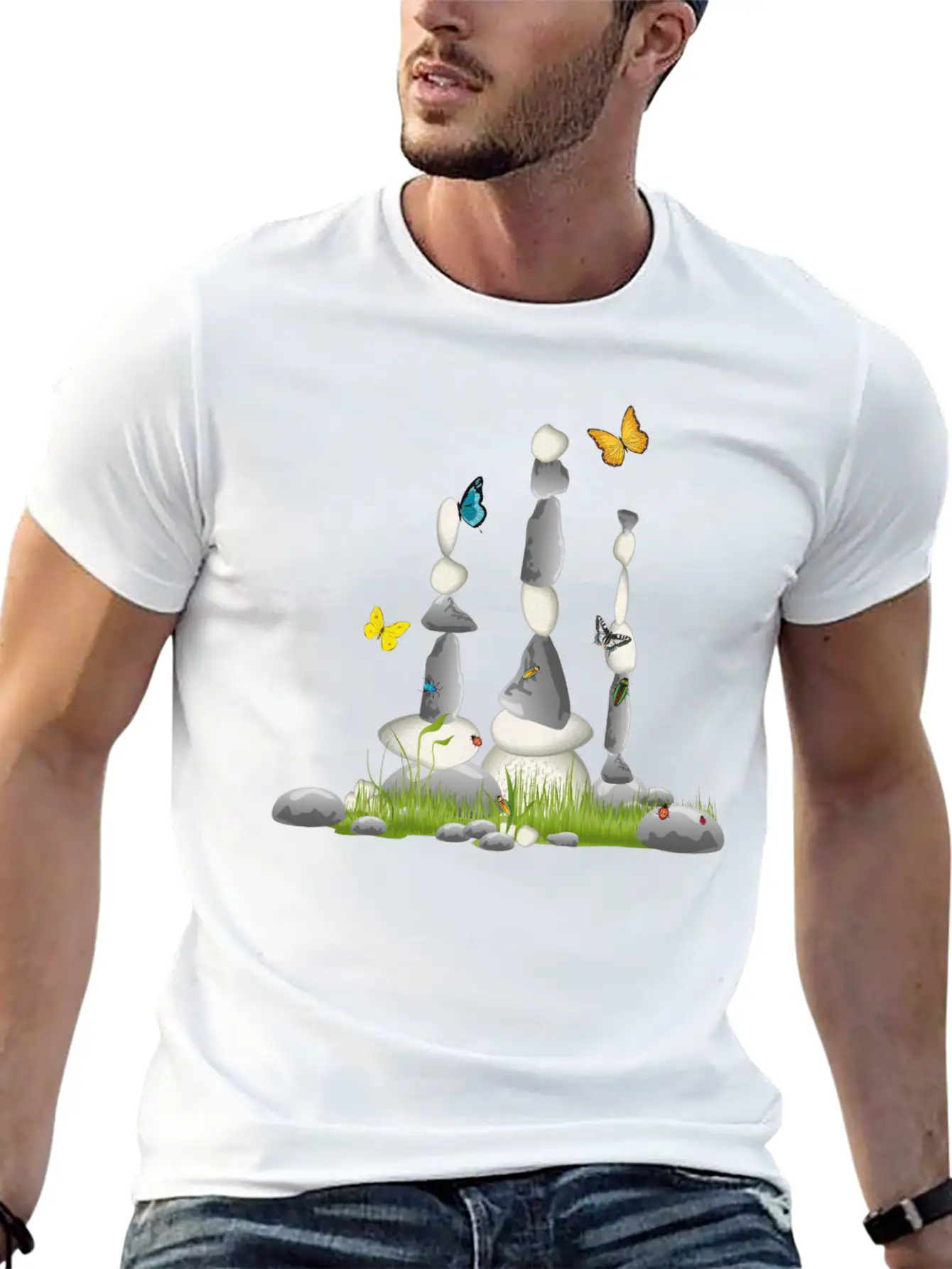 Three Stone Towers In A Meadow With Insects Soft Cotton Short Sleeve Tee – Unisex Wardrobe Staple