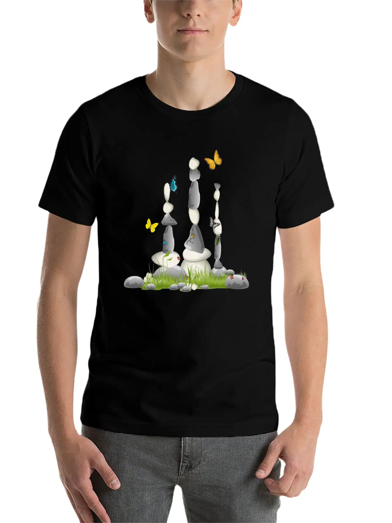 Three Stone Towers In A Meadow With Insects Soft Cotton Short Sleeve Tee – Unisex Wardrobe Staple
