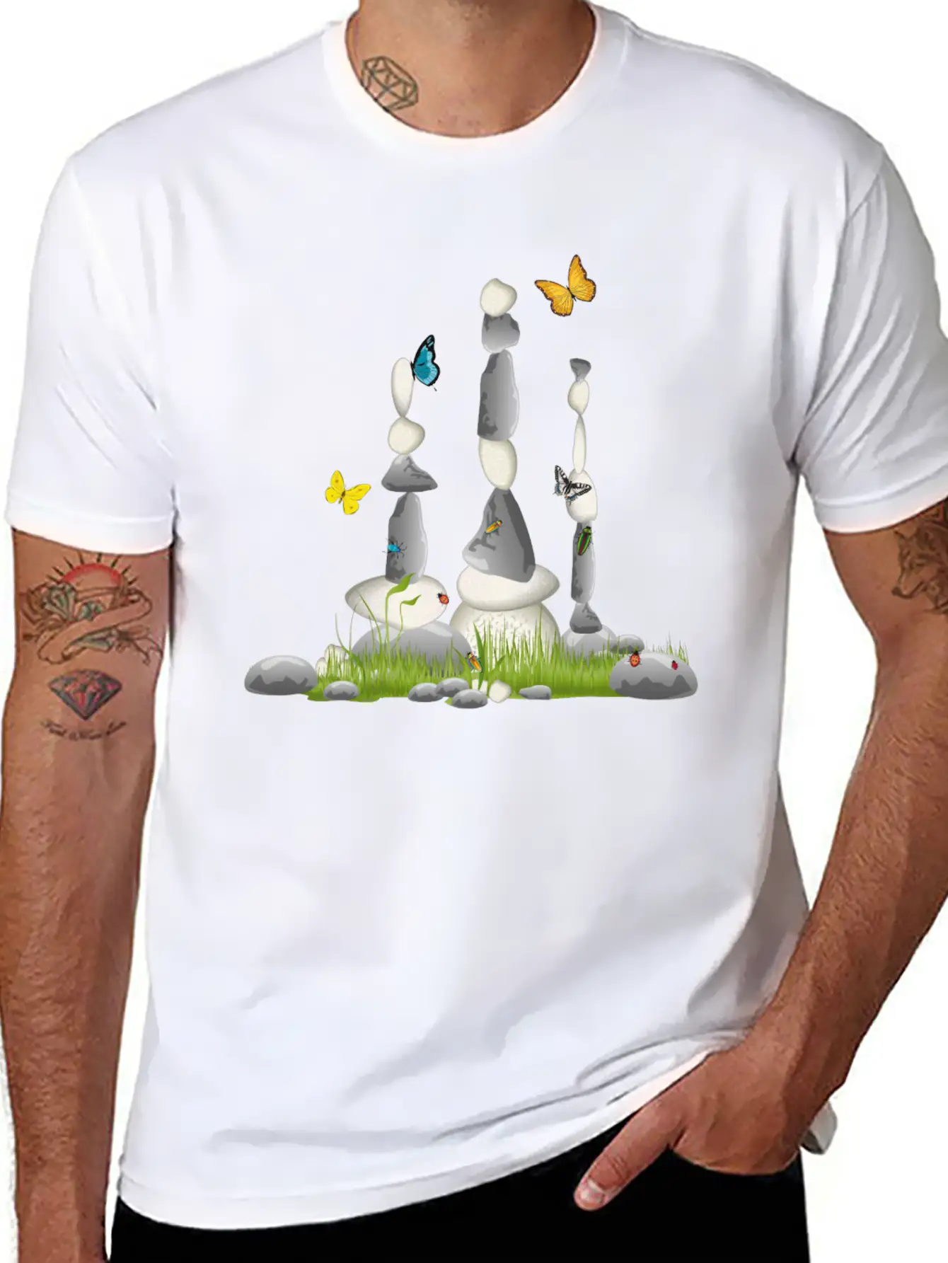 Three Stone Towers In A Meadow With Insects Soft Cotton Short Sleeve Tee – Unisex Wardrobe Staple