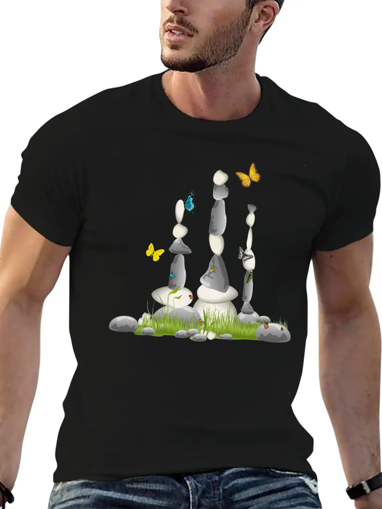Three Stone Towers In A Meadow With Insects Soft Cotton Short Sleeve Tee – Unisex Wardrobe Staple