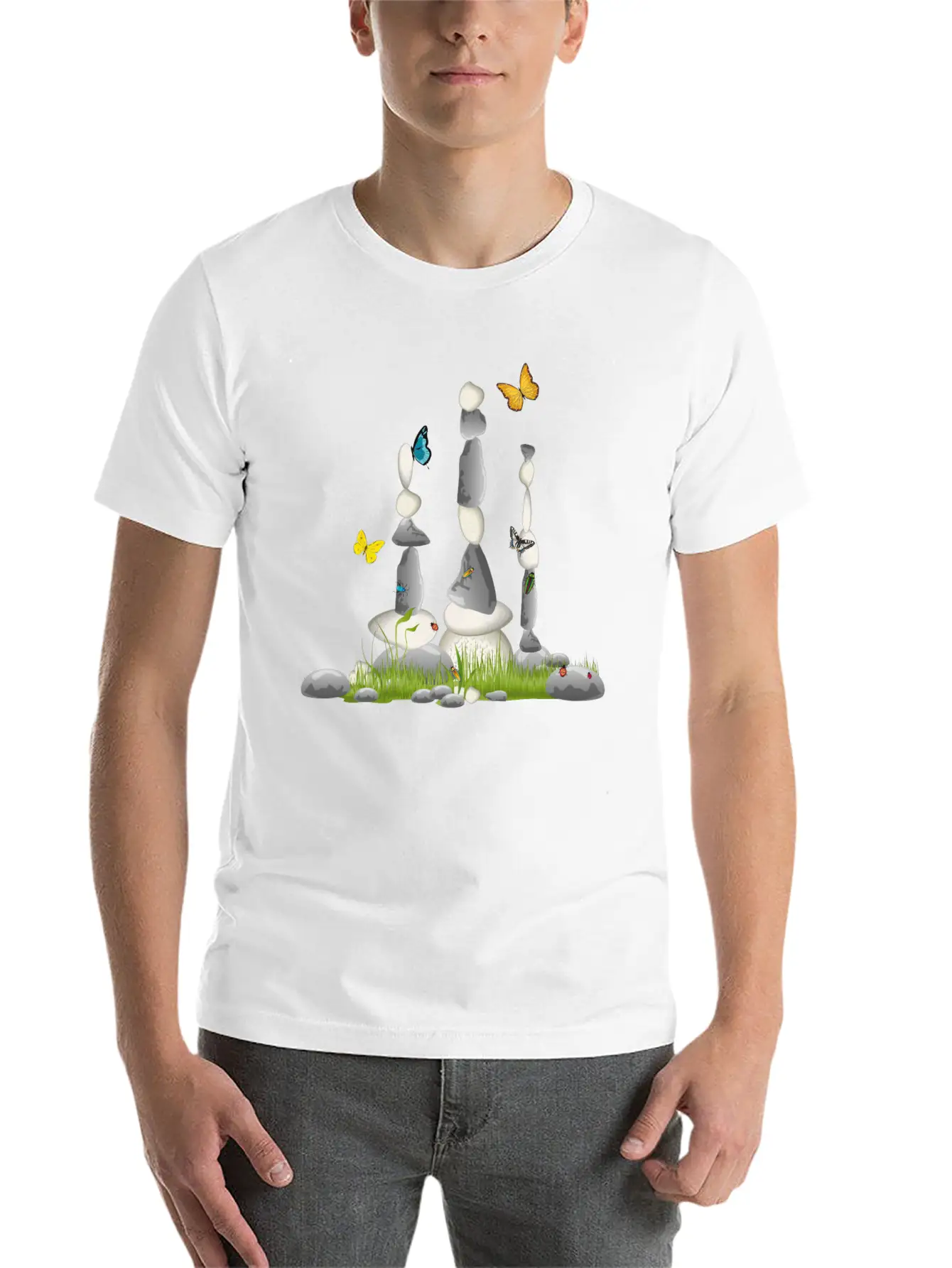 Three Stone Towers In A Meadow With Insects Soft Cotton Short Sleeve Tee – Unisex Wardrobe Staple