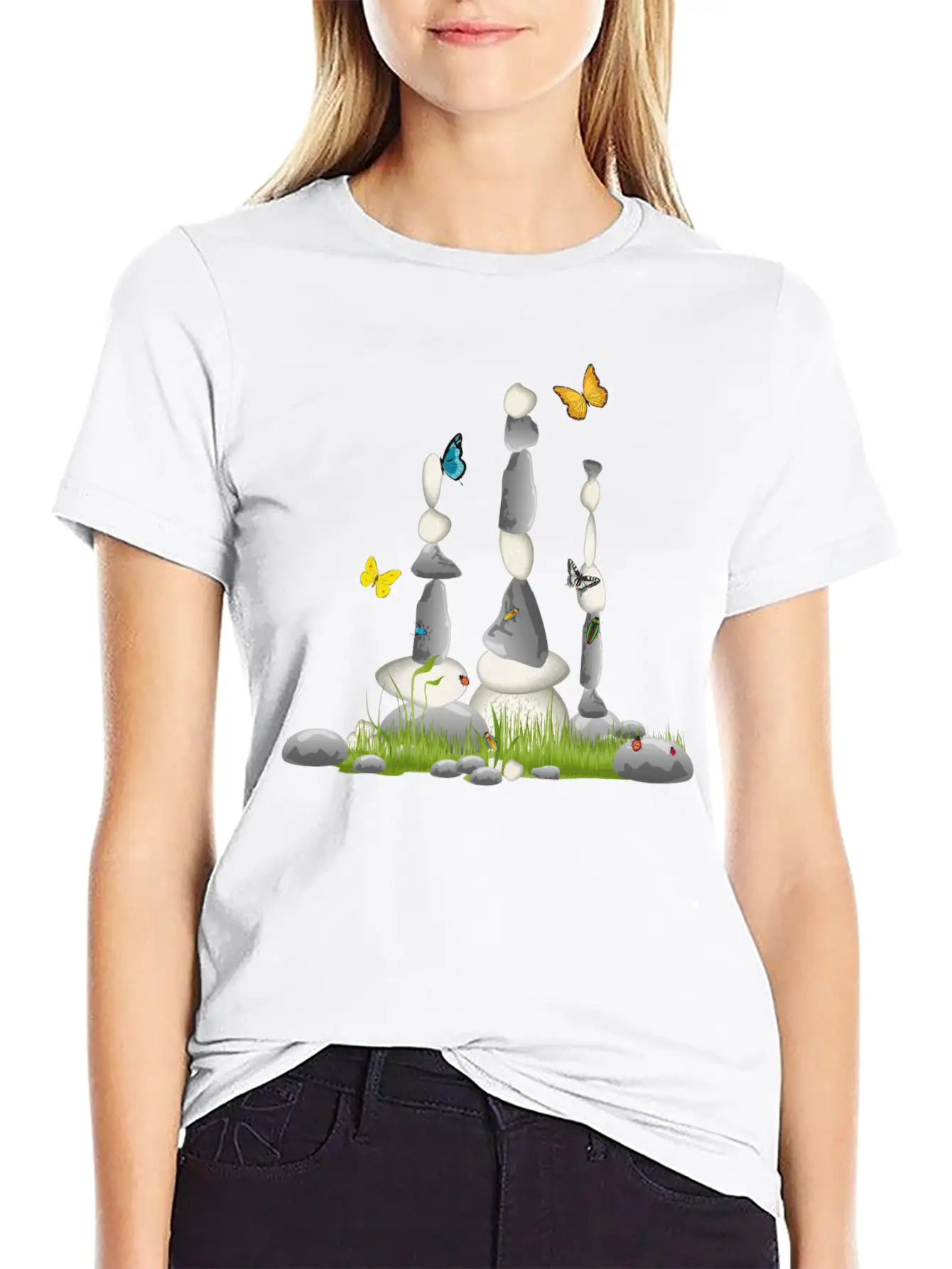 Three Stone Towers In A Meadow With Insects Soft Cotton Short Sleeve Tee – Unisex Wardrobe Staple