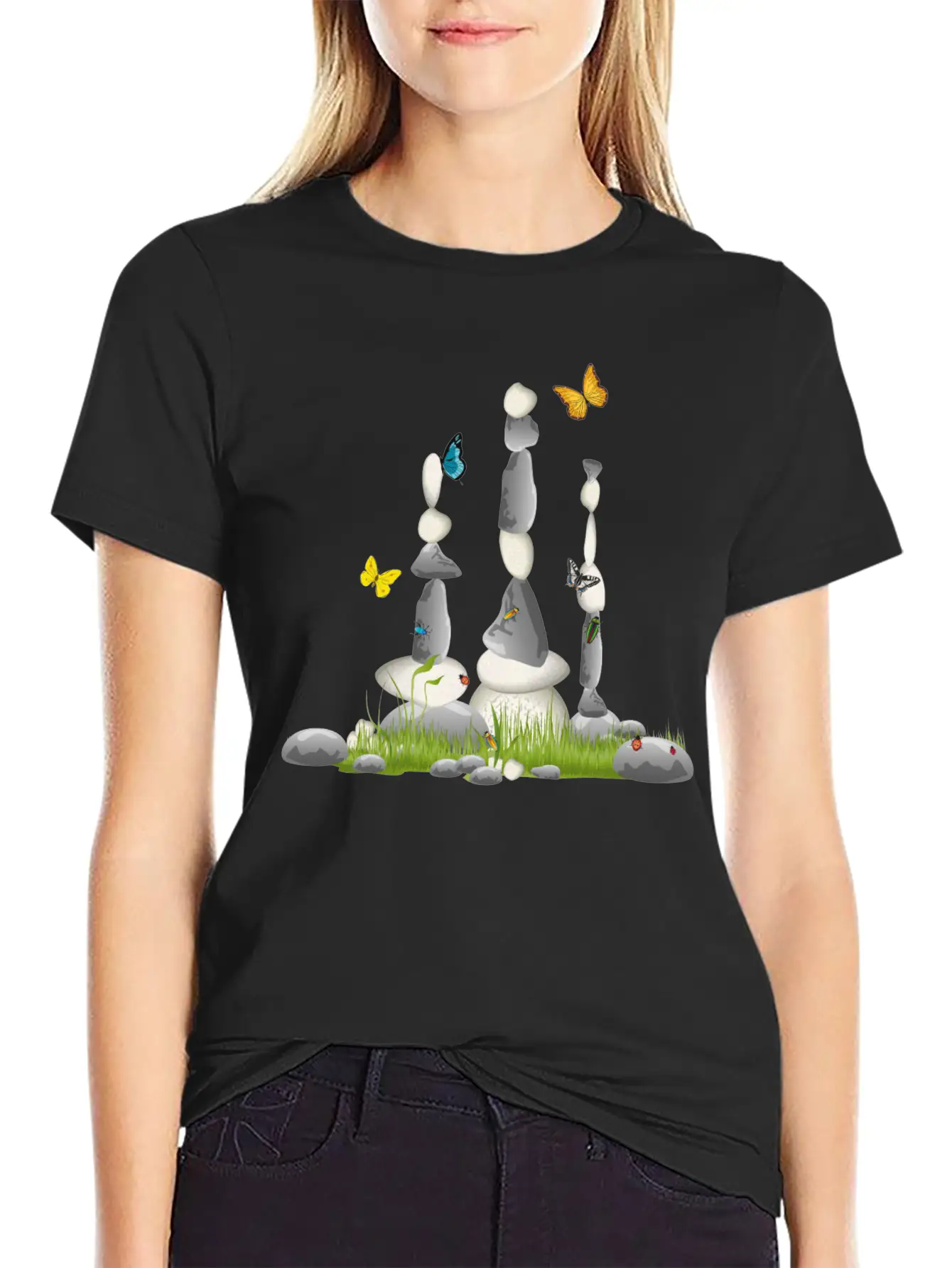 Three Stone Towers In A Meadow With Insects Soft Cotton Short Sleeve Tee – Unisex Wardrobe Staple