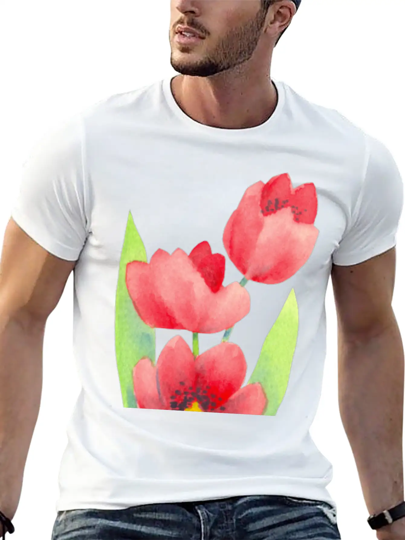 Three Tulips In Watercolor Modern Fit Casual T-Shirt ��� Clean And Versatile Design