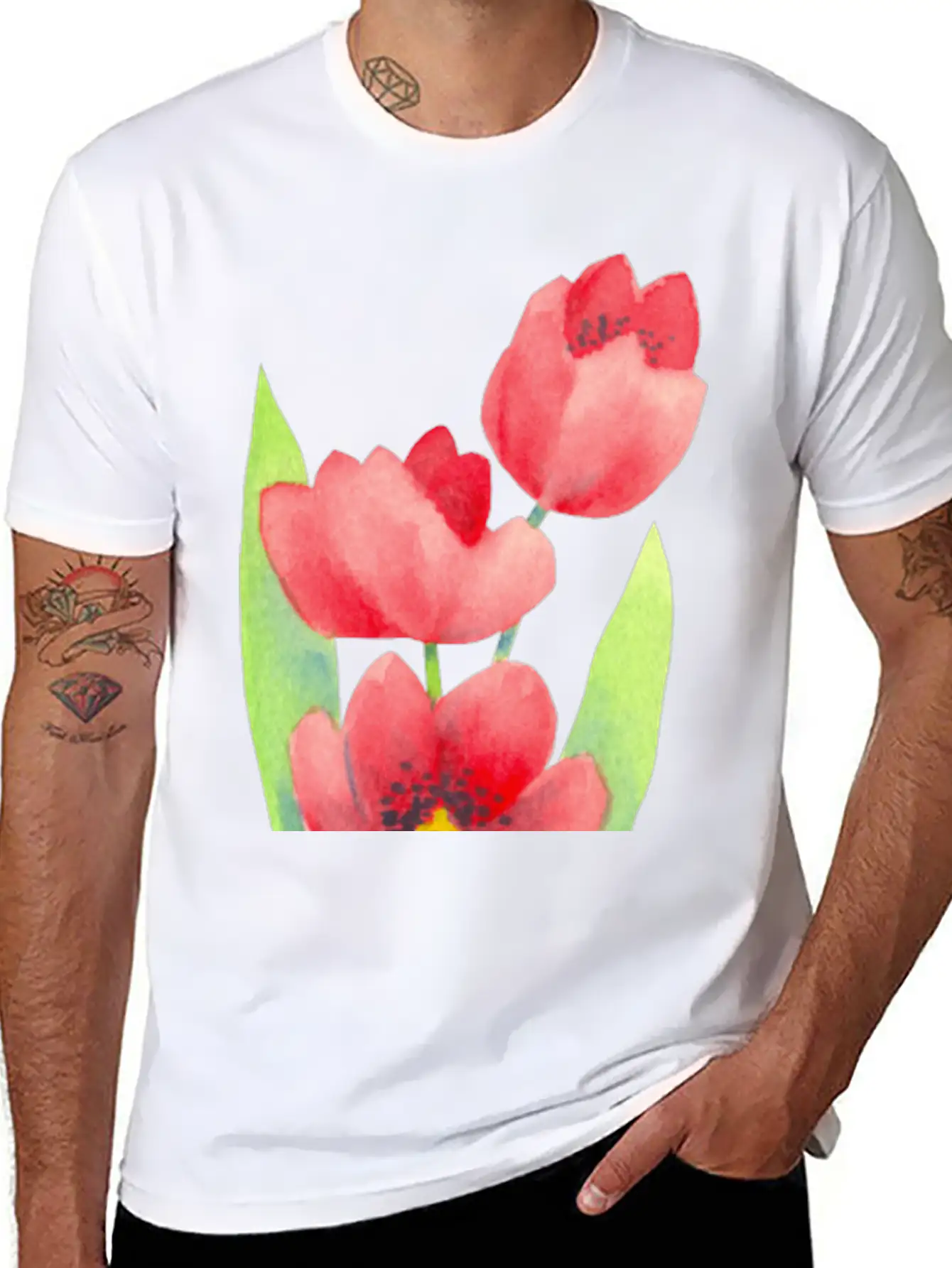 Three Tulips In Watercolor Modern Fit Casual T-Shirt ��� Clean And Versatile Design