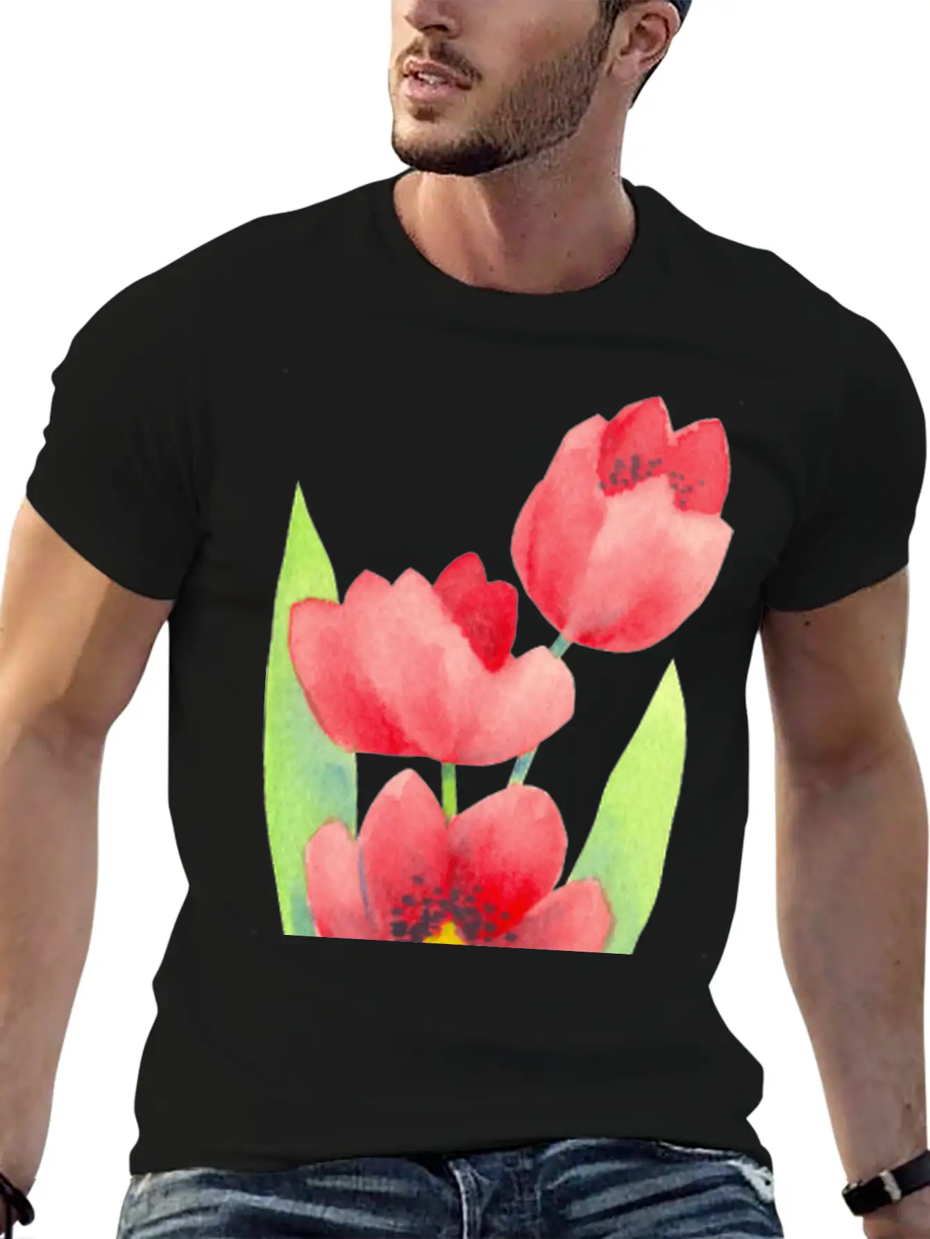 Three Tulips In Watercolor Modern Fit Casual T-Shirt ��� Clean And Versatile Design