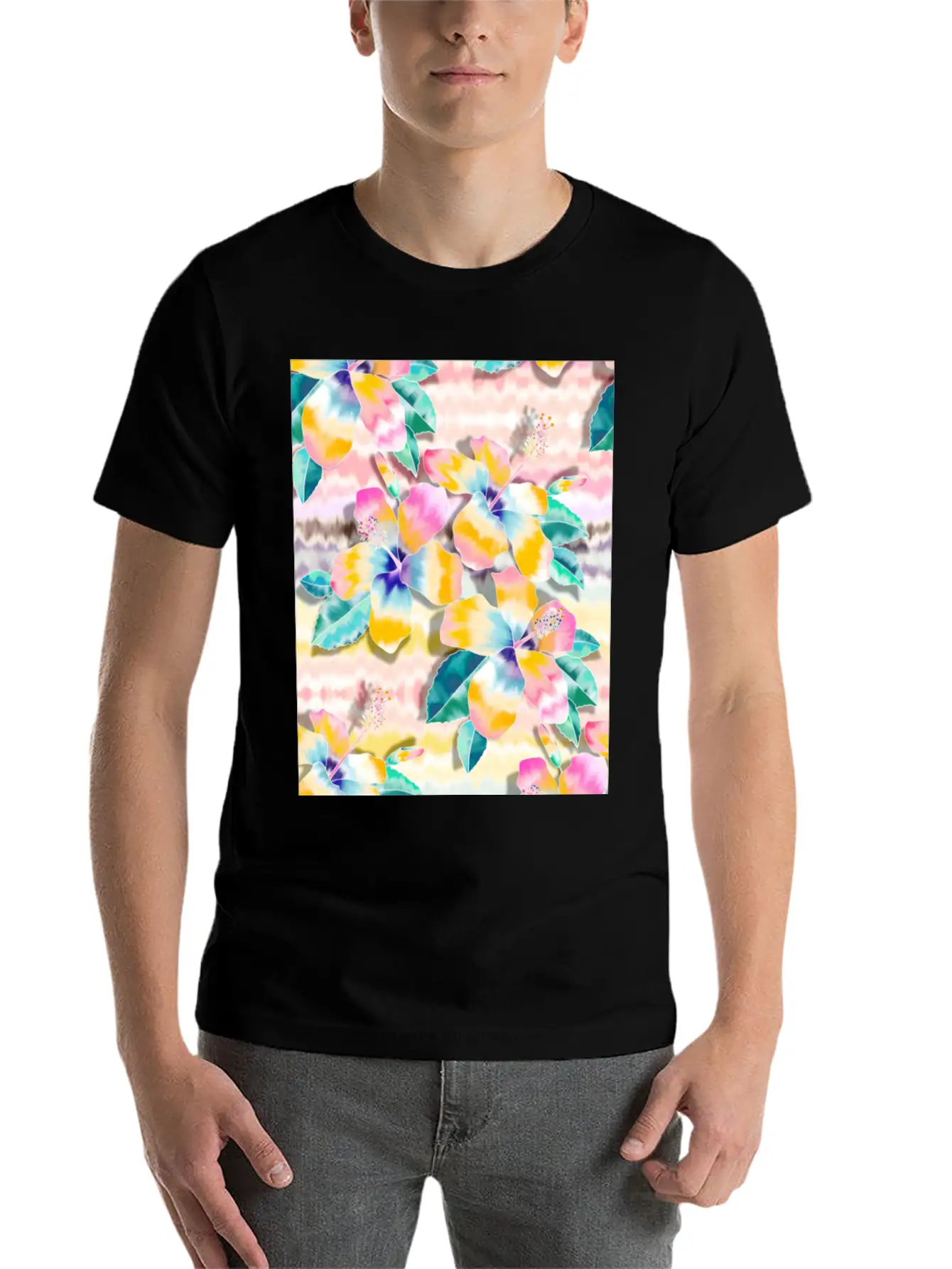 Tie Dye Hibiscus Collage In Pastels Soft Cotton Short Sleeve Tee – Unisex Wardrobe Staple