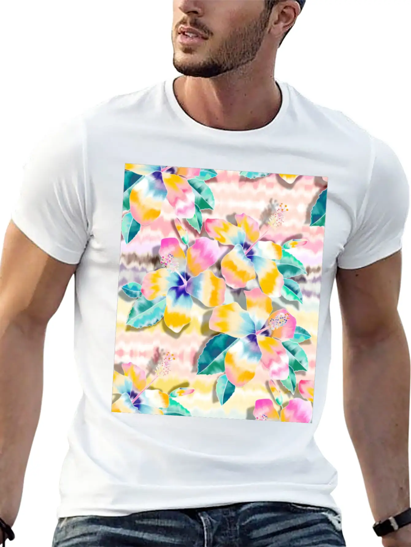 Tie Dye Hibiscus Collage In Pastels Soft Cotton Short Sleeve Tee – Unisex Wardrobe Staple
