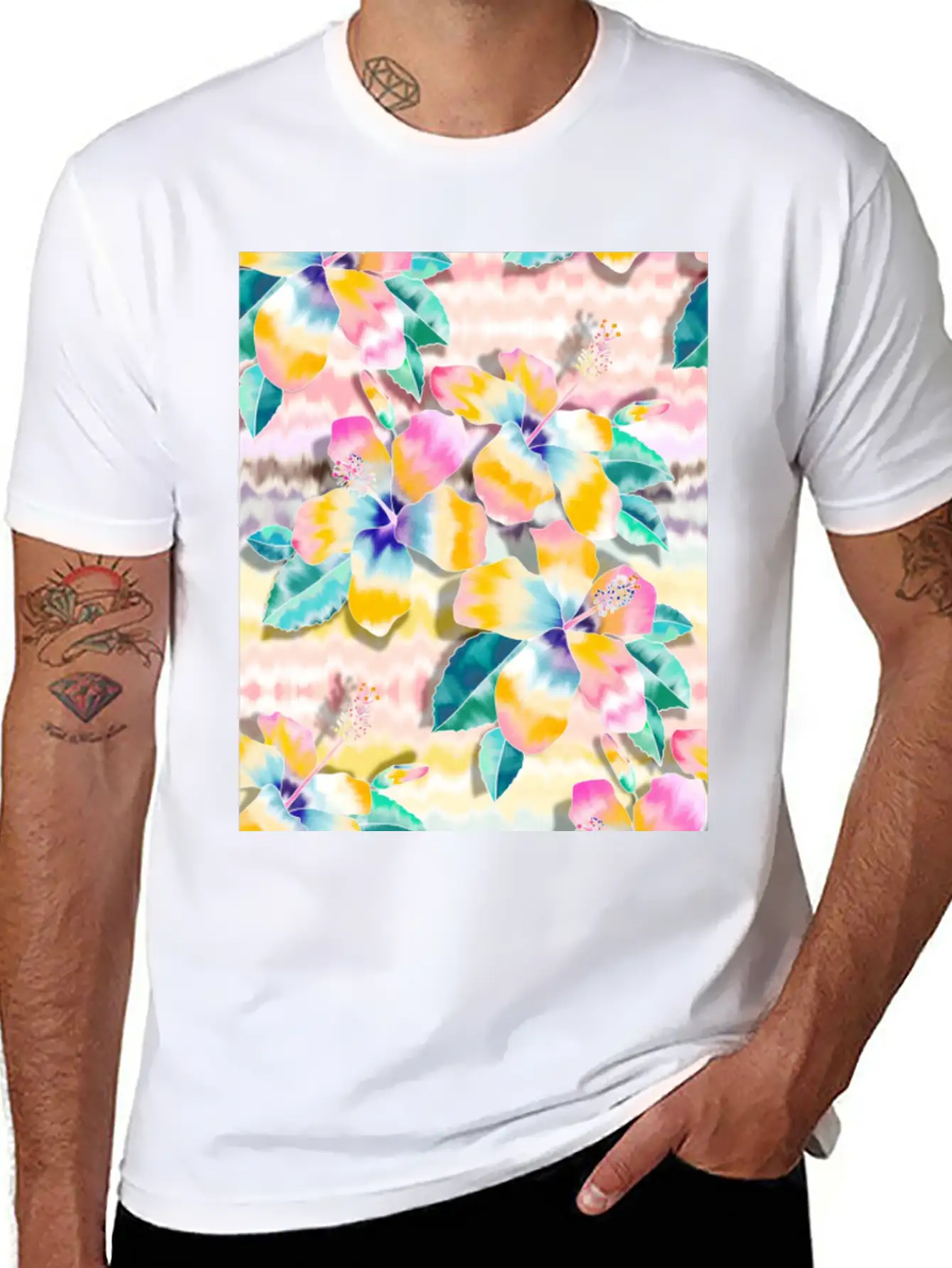 Tie Dye Hibiscus Collage In Pastels Soft Cotton Short Sleeve Tee – Unisex Wardrobe Staple