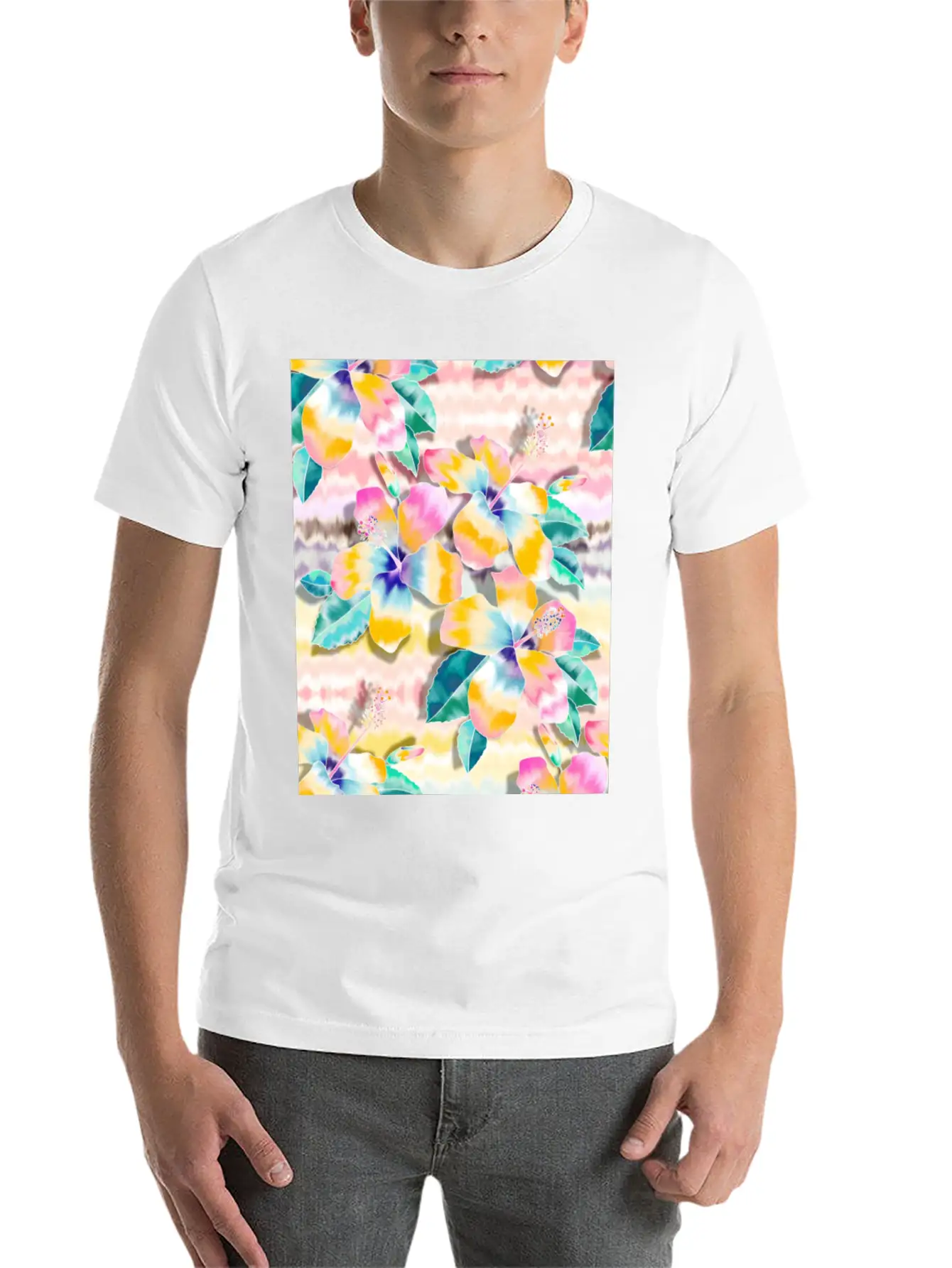 Tie Dye Hibiscus Collage In Pastels Soft Cotton Short Sleeve Tee – Unisex Wardrobe Staple