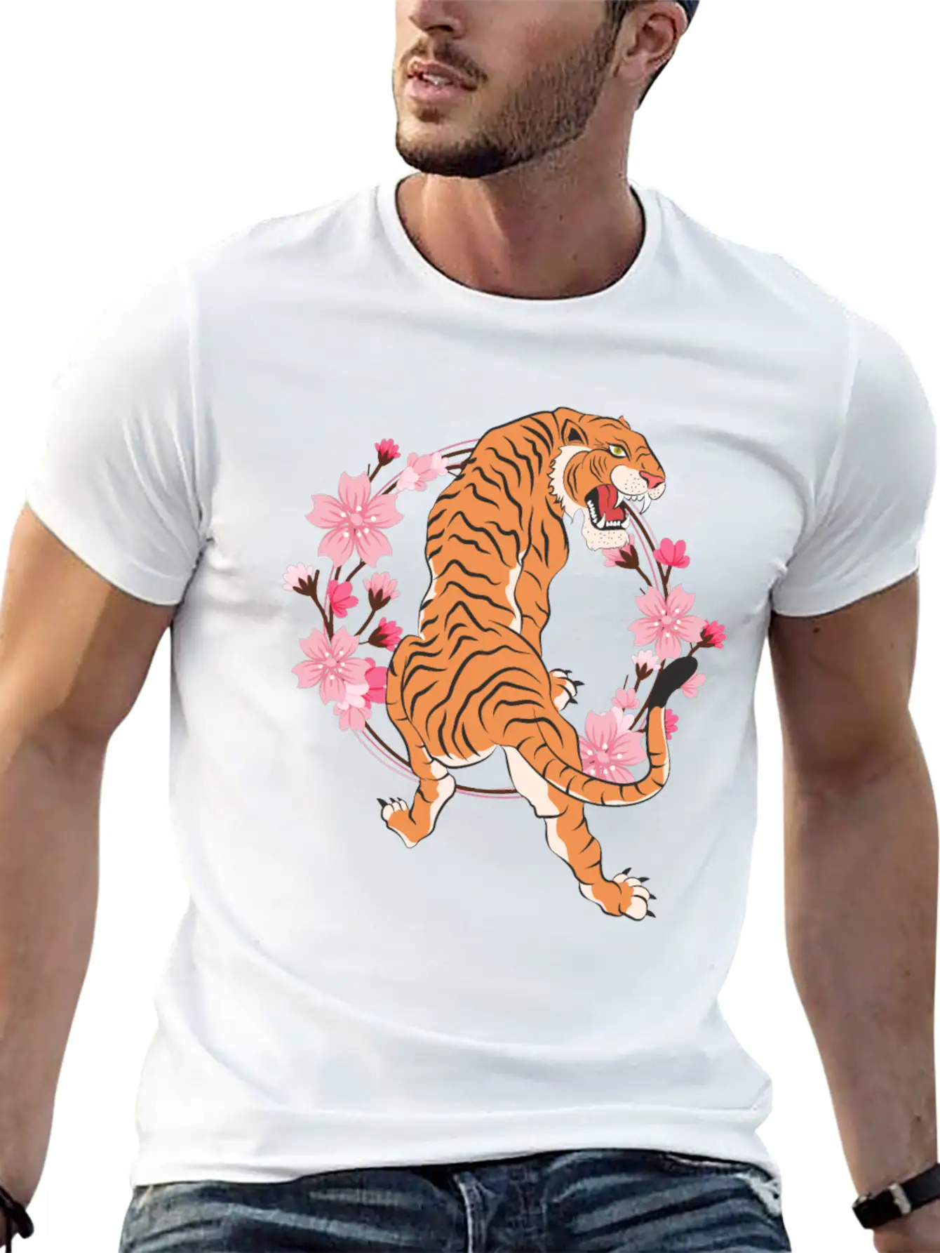 Tiger Cherry Blossom Japanese Sakura Tree Lightweight Cotton T-Shirt – Daily Comfort Graphic Shirt
