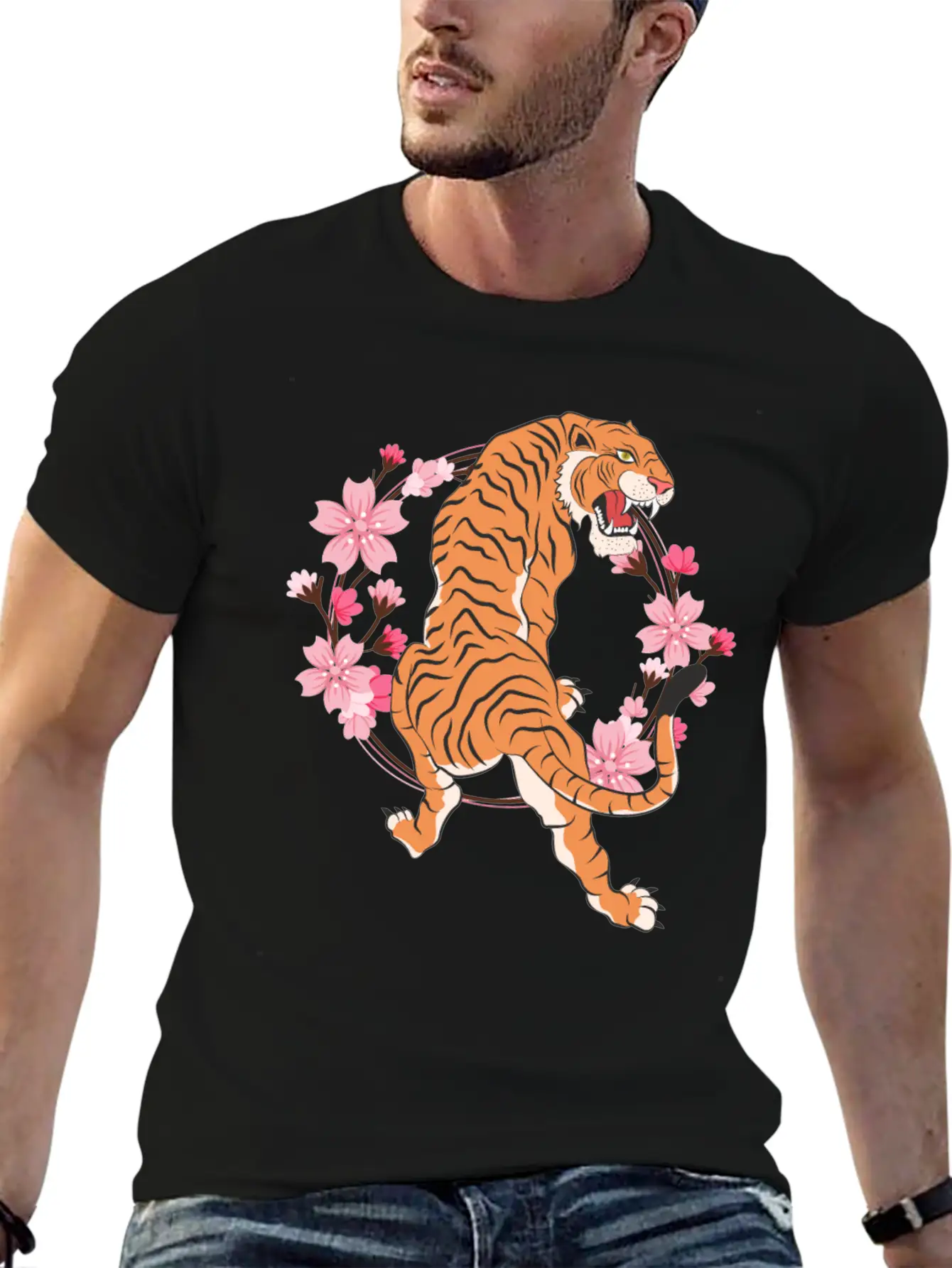 Tiger Cherry Blossom Japanese Sakura Tree Lightweight Cotton T-Shirt – Daily Comfort Graphic Shirt