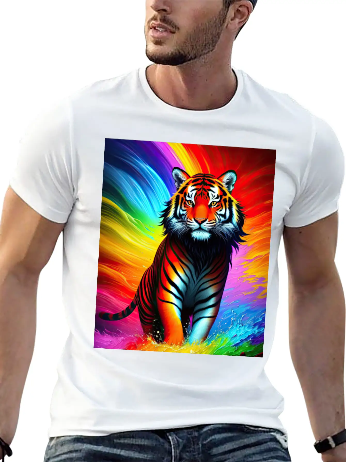 Tiger With Rainbow Splashes Of Colors Lightweight Cotton T-Shirt – Daily Comfort Graphic Shirt