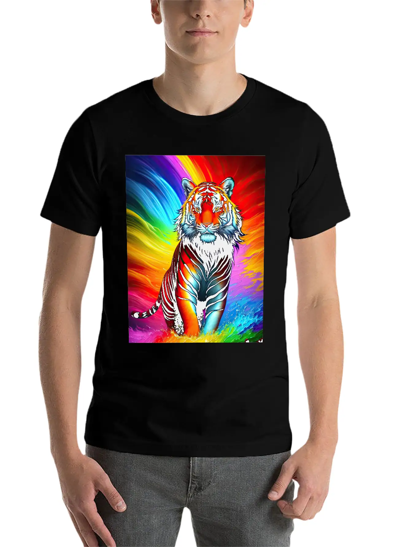 Tiger With Rainbow Splashes Of Colors Lightweight Cotton T-Shirt – Daily Comfort Graphic Shirt