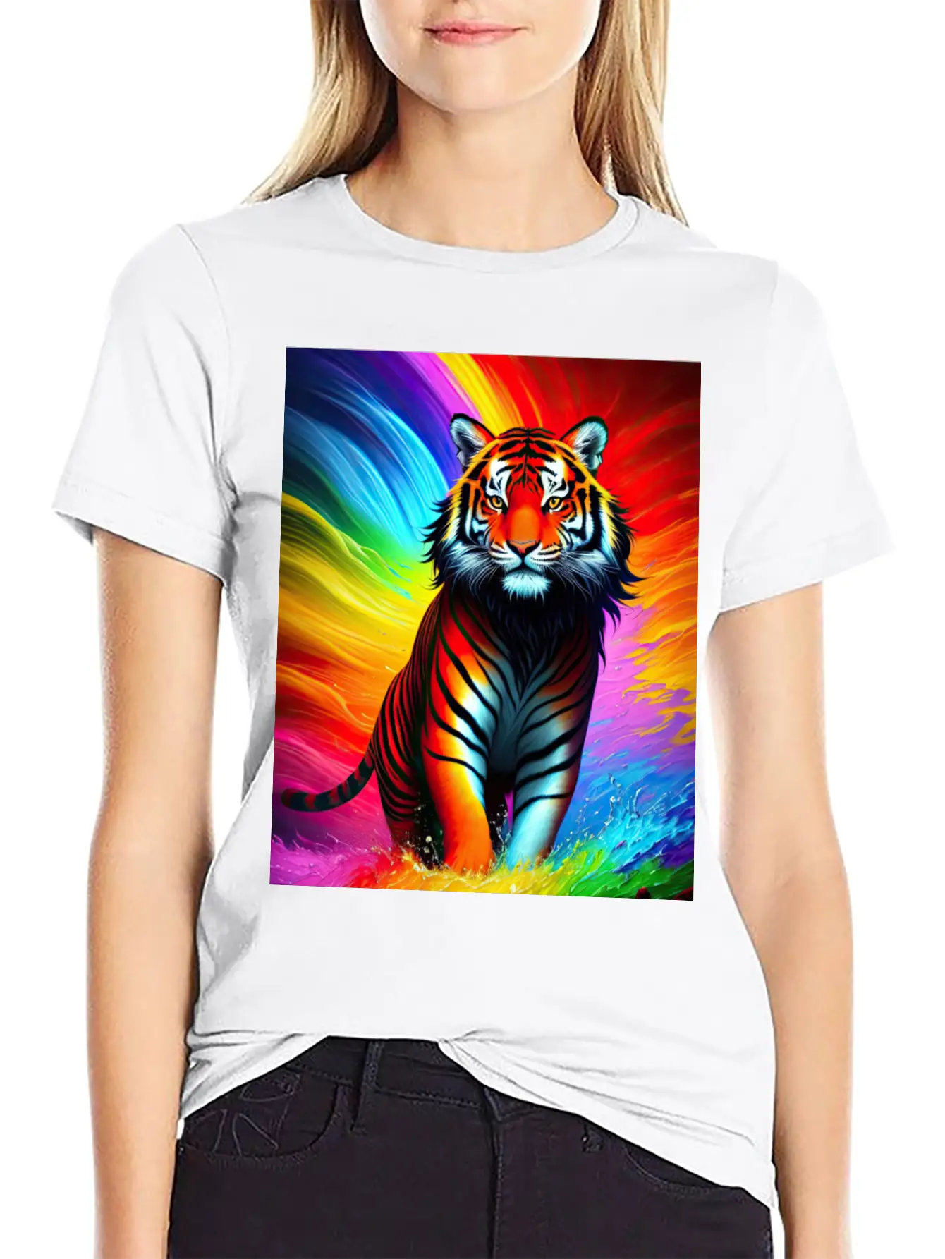 Tiger With Rainbow Splashes Of Colors Lightweight Cotton T-Shirt – Daily Comfort Graphic Shirt