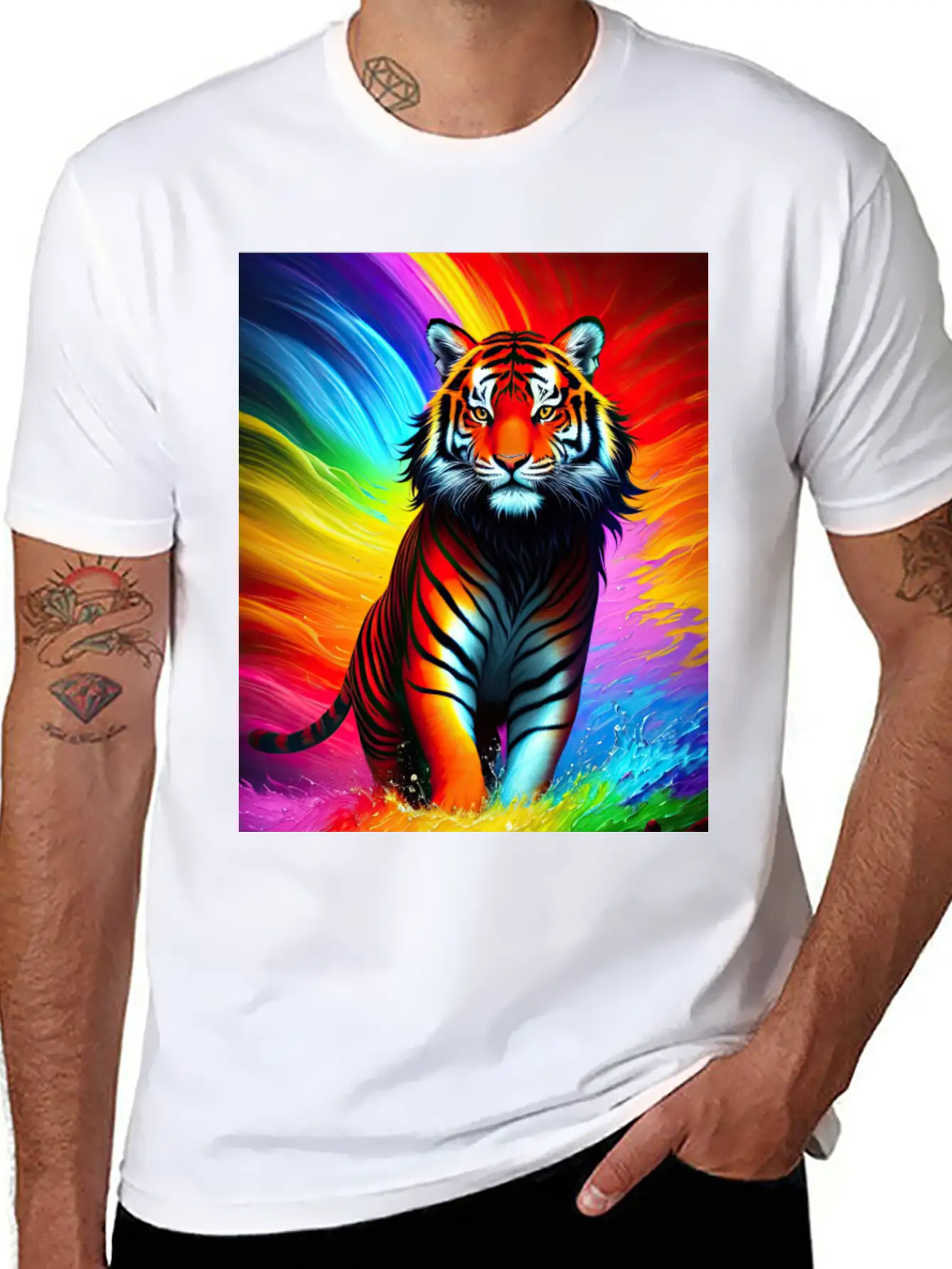 Tiger With Rainbow Splashes Of Colors Lightweight Cotton T-Shirt – Daily Comfort Graphic Shirt