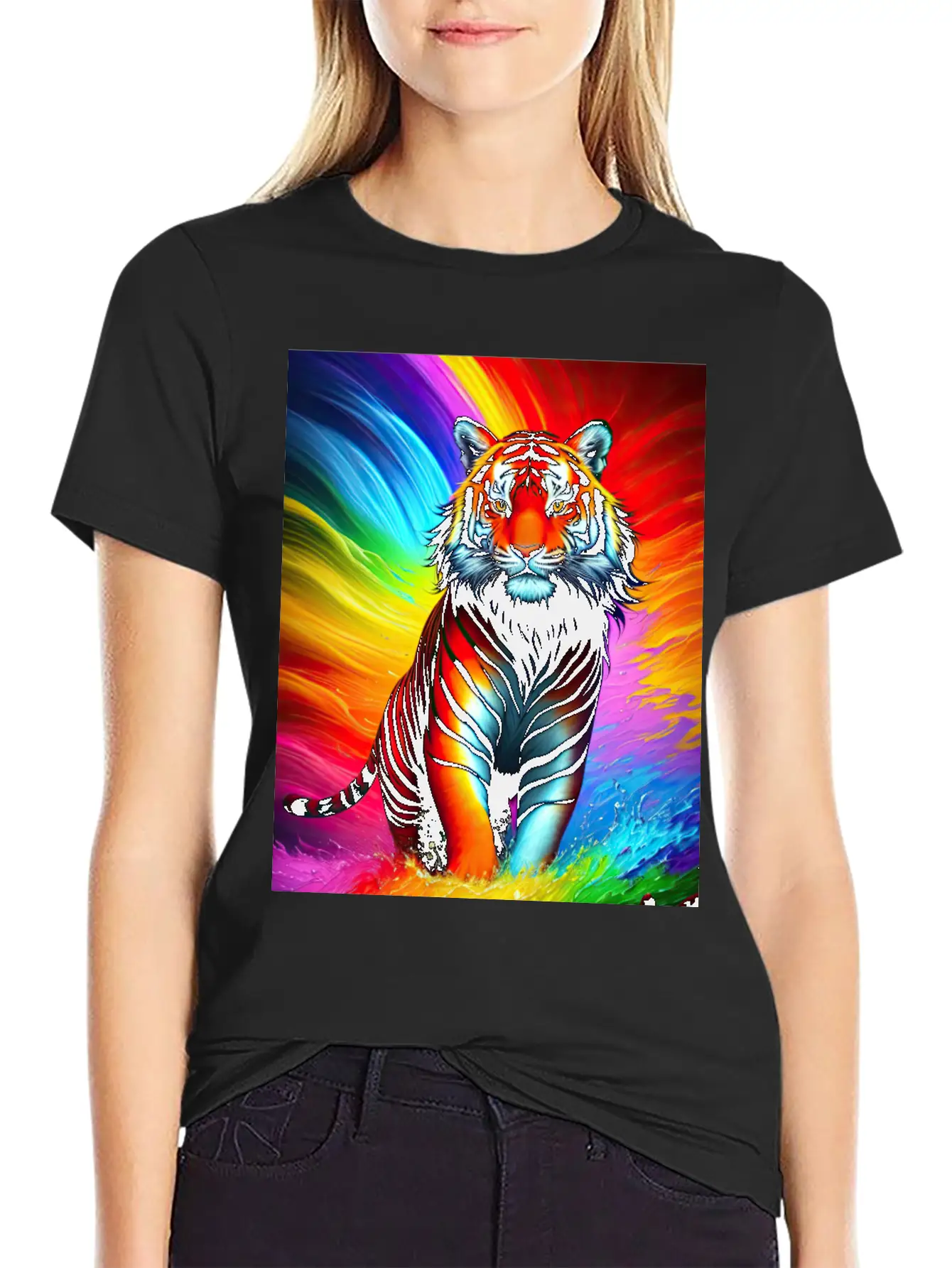 Tiger With Rainbow Splashes Of Colors Lightweight Cotton T-Shirt – Daily Comfort Graphic Shirt